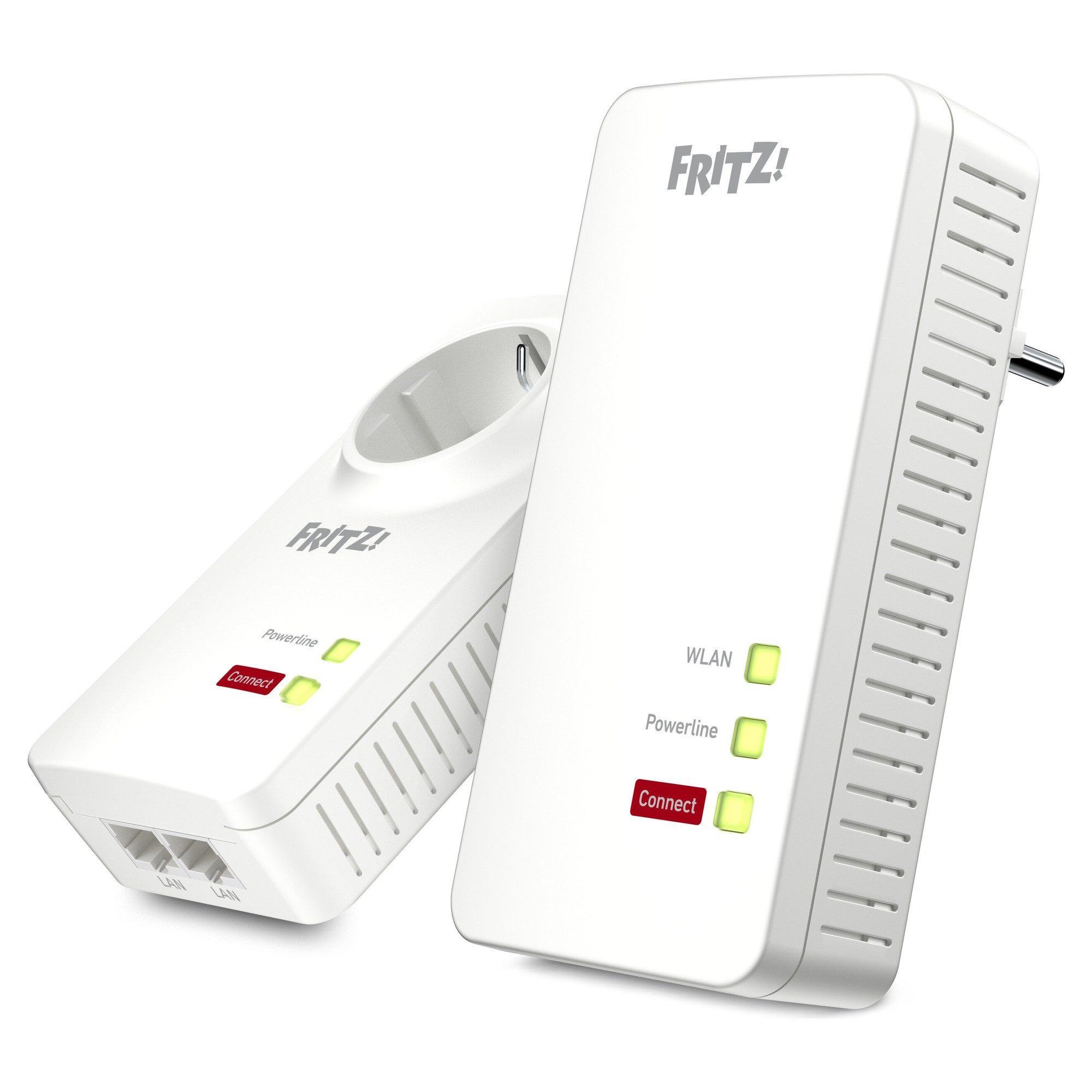 Fritz! FRITZ!Powerline 1260 WLAN Set Reichweitenverstärker, 2er-Set, Powerline bis 1.200 MBit/s, Wi-Fi 5 Mesh bis 1.266 MBit/s
