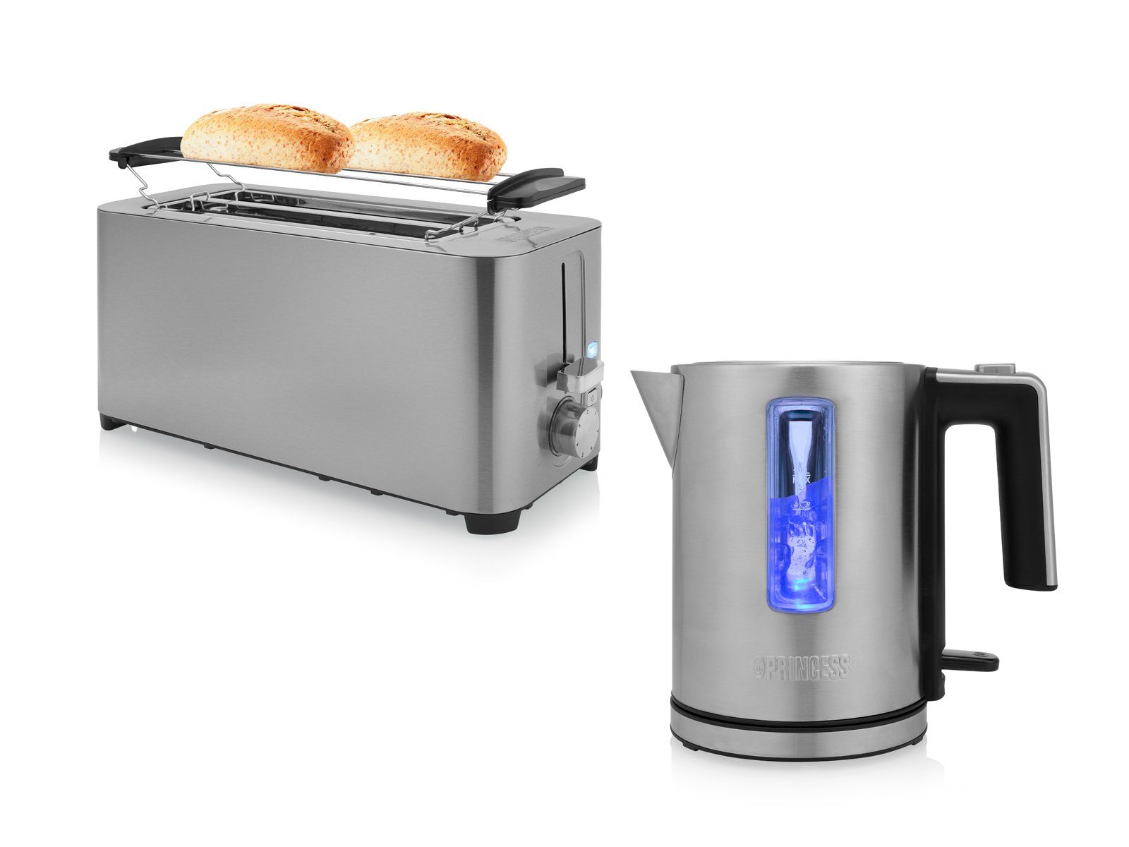 PRINCESS Toaster, klein Wasserkocher Toster, 1400 W, Kabellos 2 lange 4er Frühstück-SET 1L Toastmaschine Schlitze