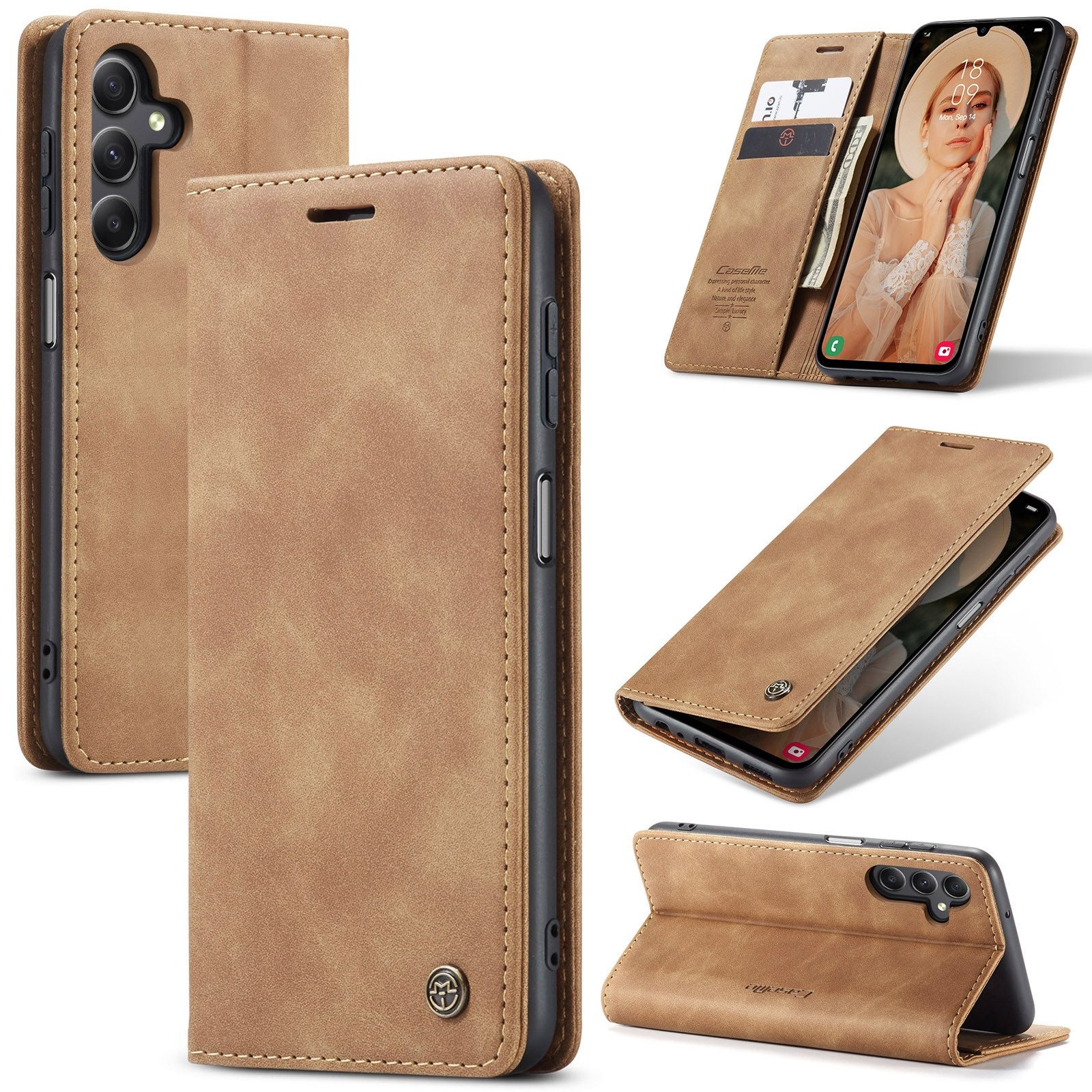 SmartUP Smartphone-Hülle Klapphülle für Samsung Galaxy A15 (Case Me) Hellbraun, Standfunktion, integrierter Kartenfach