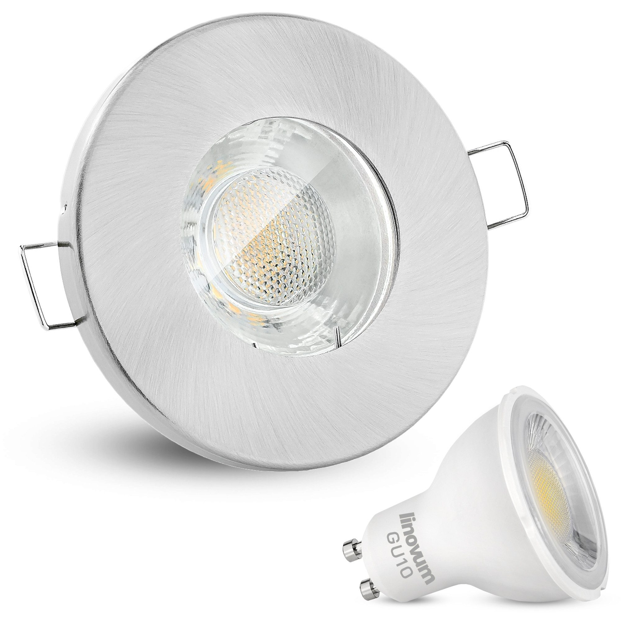 linovum LED Einbaustrahler LED Einbaustrahler IP65 neutralweiss GU10 6W 230V - Rund starr flach, Neutralweiß