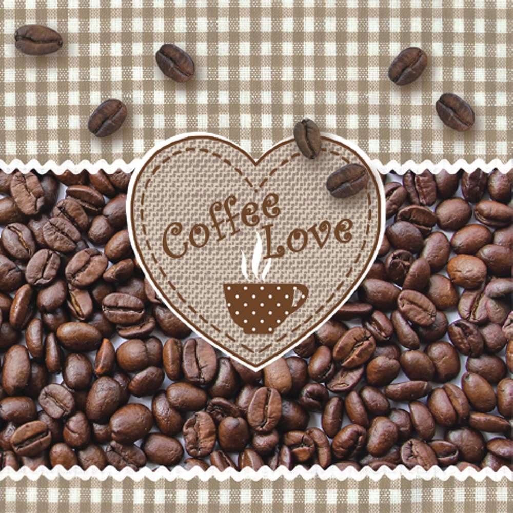 Linoows Papierserviette 20 Servietten, Kaffee Liebe, Coffee, Kaffebohnen  mit Herz, Motiv Kaffee Liebe, Coffee, Kaffebohnen mit Herz