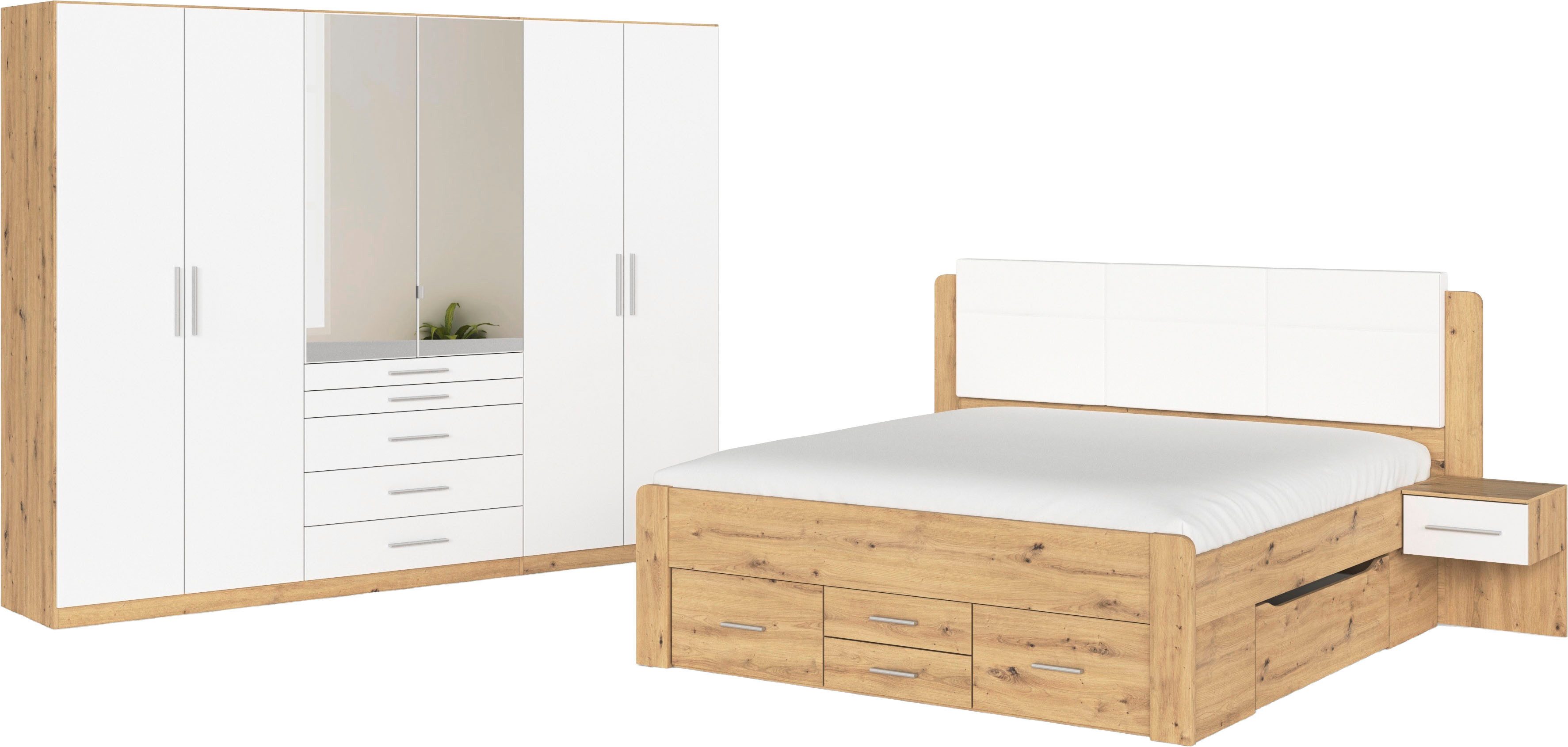 rauch Schlafzimmer-Set Komplettschlafzimmer Stauraumbett Liegefläche 180x200 MADE IN GERMANY, (Set, 4-tlg., Schrank B/H/T: 271/210/54 cm, Nachttische und Schrank inkl. SOFT-CLOSE), Schrank mit 5 Schubladen, Bettanlage mit 8 Schubladen MADE IN GERMANY