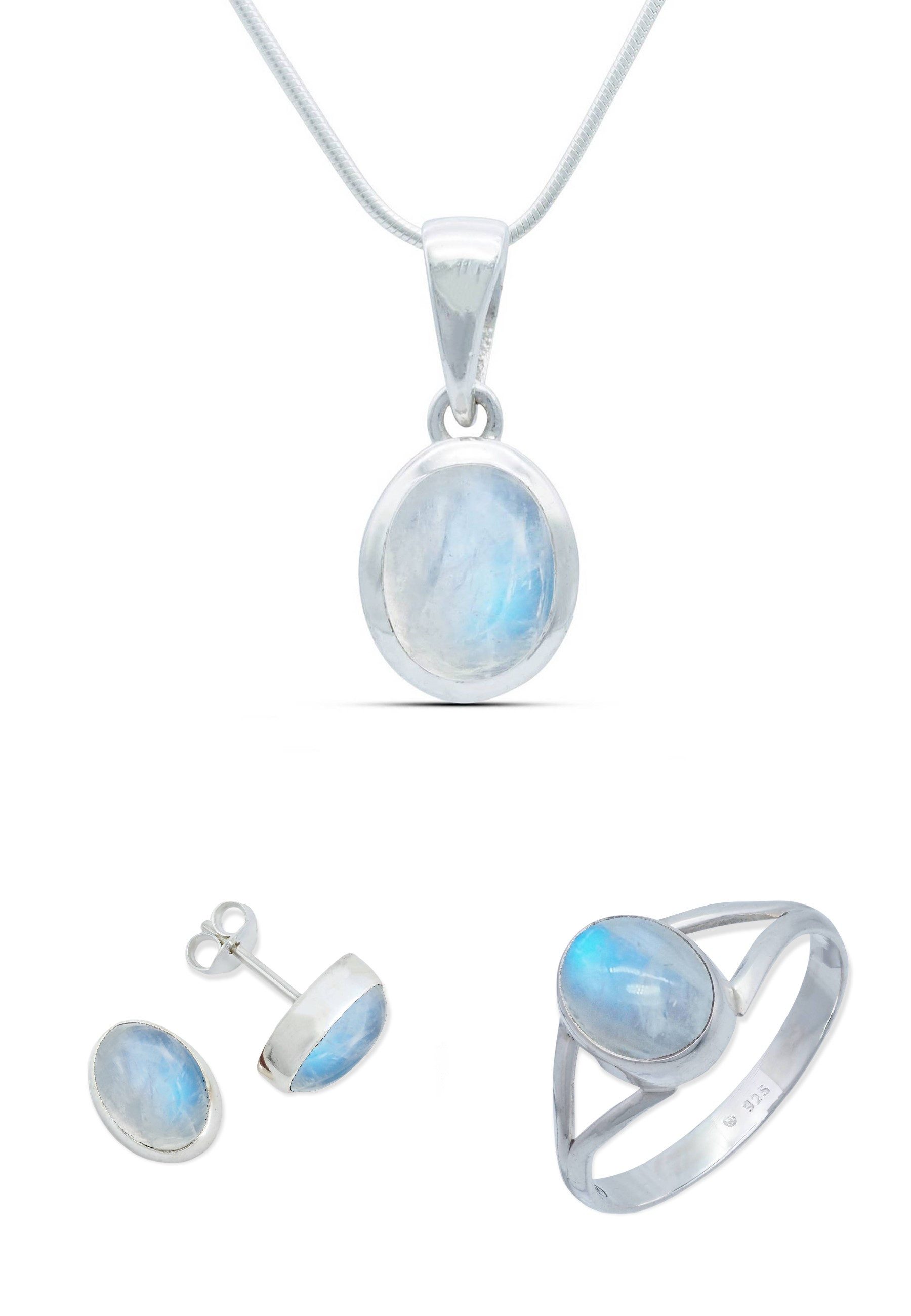 mantraroma Schmuckset 925er Silber mit Regenbogen Mondstein (Schmuckset aus 925 Silber)