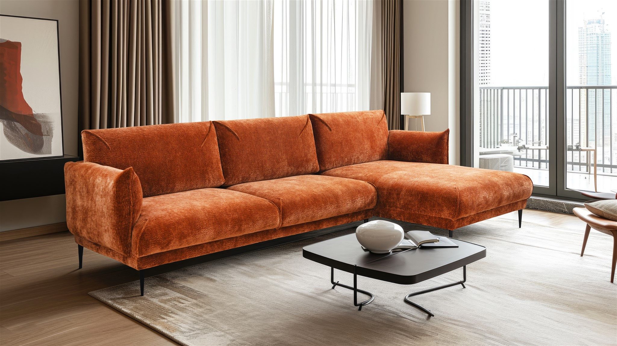 Fun Möbel Ecksofa Designersofa MADISON Velourstoff Dress Me, mit Ottomane Links oder Rechts, Rundumbezug