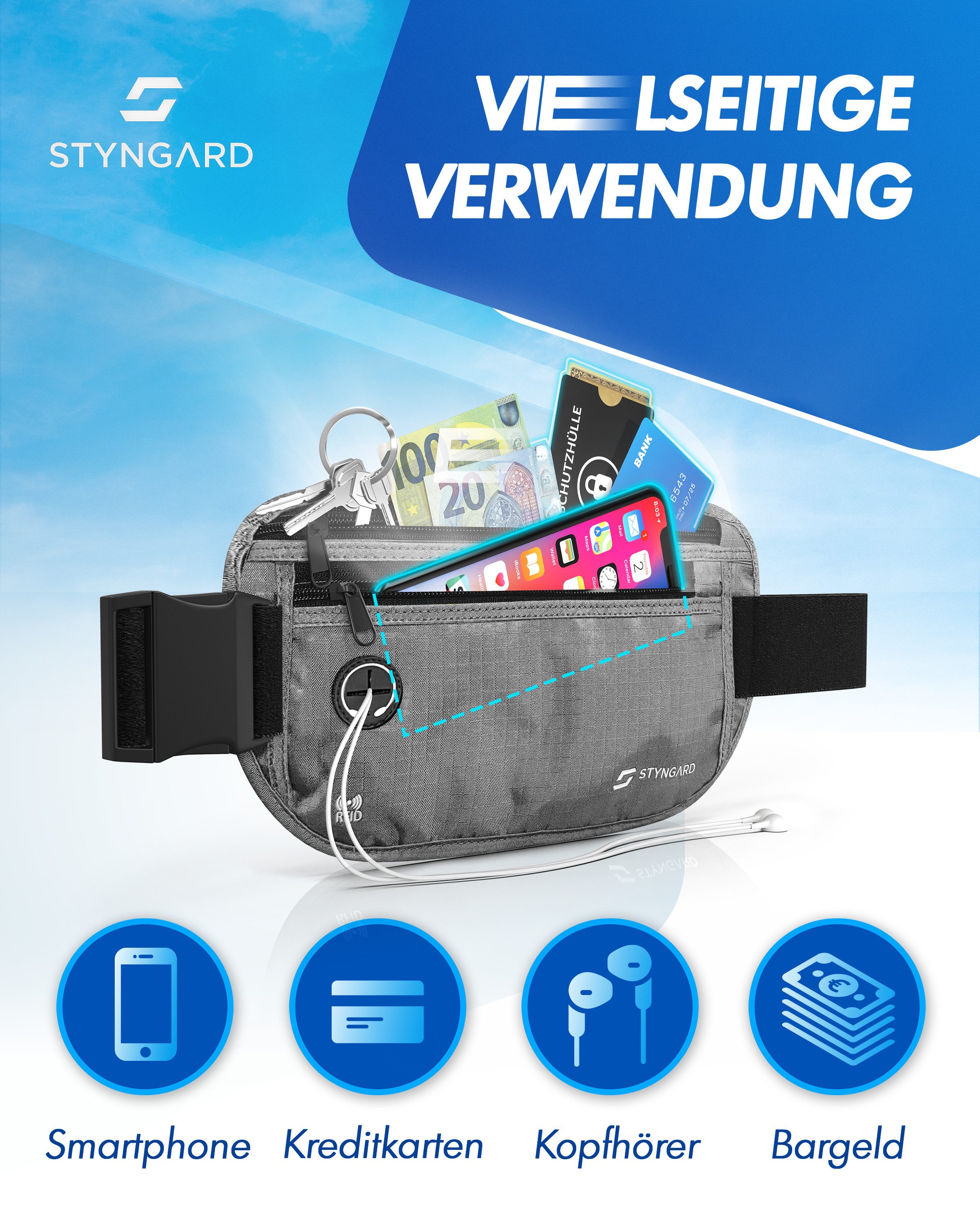 Styngard Bauchtasche Madrid, Flache Bauchtasche Diebstahlsicher RFID Schutz