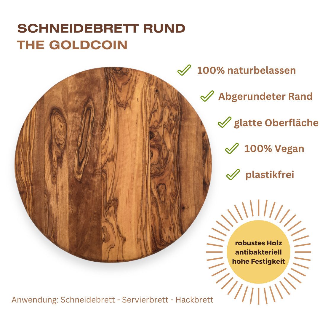 medina mood Schneidebrett The Goldcoin, rund, handgefertigt aus Olivenholz – Bild 2 von 5