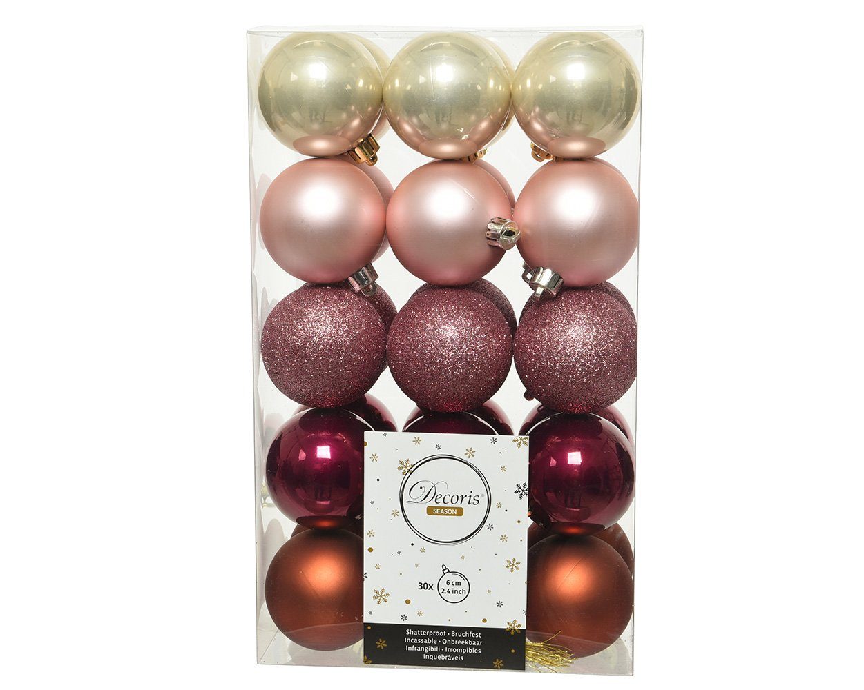 Decoris season decorations Weihnachtsbaumkugel, / 6cm Kunststoff / perle rosa 30er magnolienrosa, Set Weihnachtskugeln
