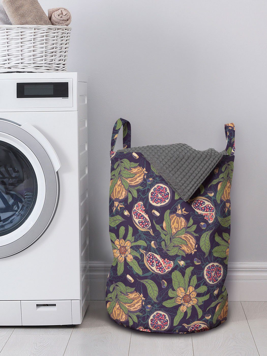 Abakuhaus Jahrgang Wäschesäckchen Wäschekorb Waschsalons, Kordelzugverschluss Granatapfel Floral mit Zusammenfassung Griffen für