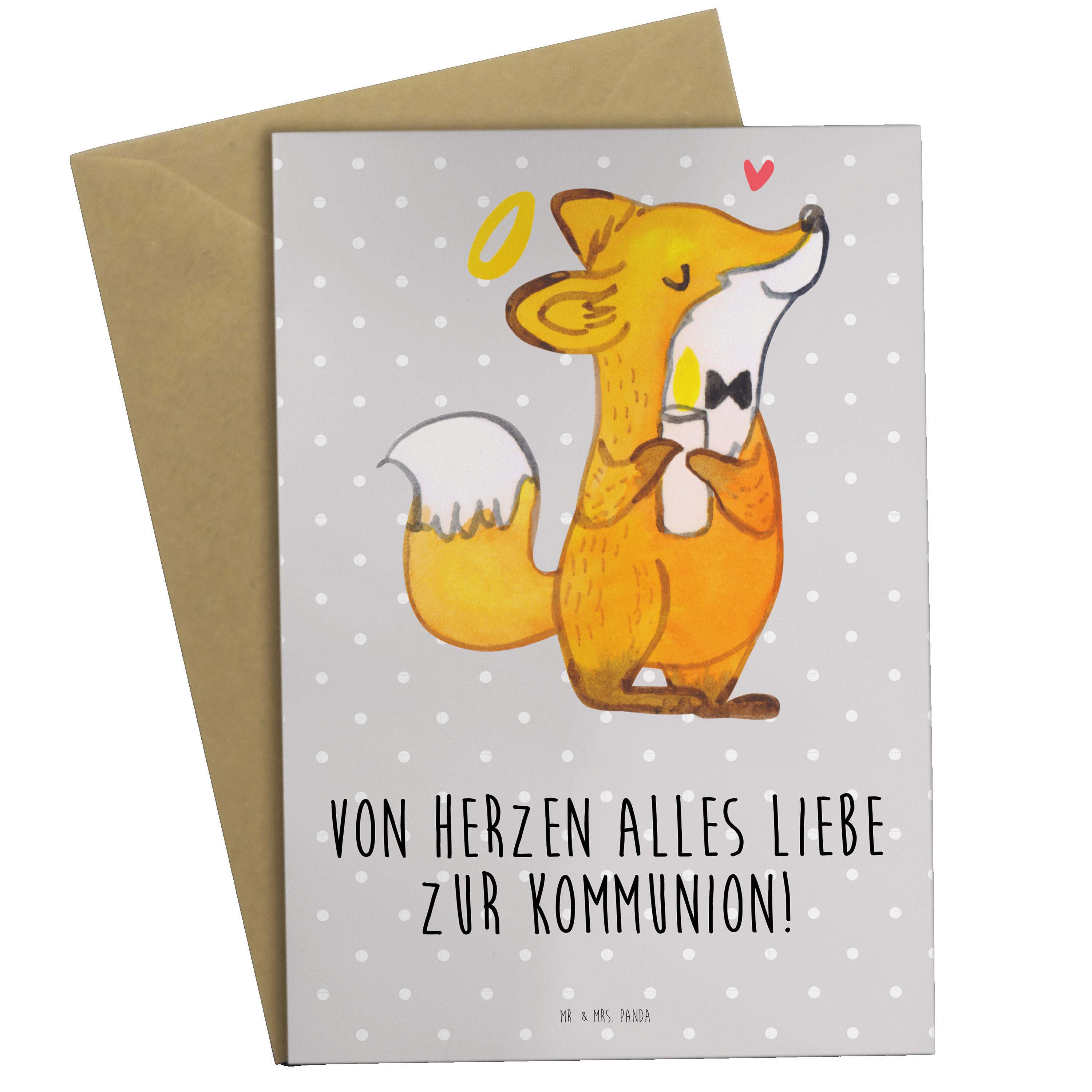 Mr. & Mrs. Panda Grußkarte Fuchs Kommunion - Grau Pastell - Geschenk, Glückwunschkarte, Jugendwe