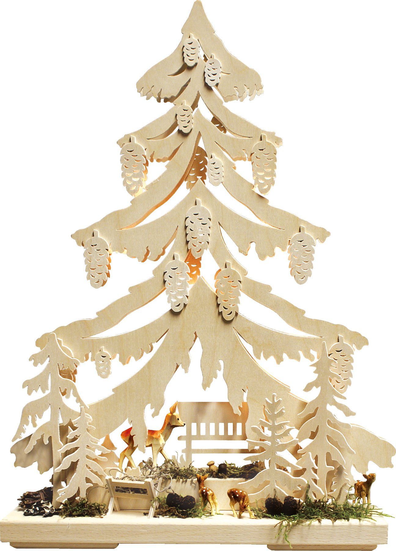 RATAGS LED Schwibbogen Tanne klein, Futterkrippe, Rehkitz, Höhe 44 cm, Handarbeit aus dem Erzgebirge