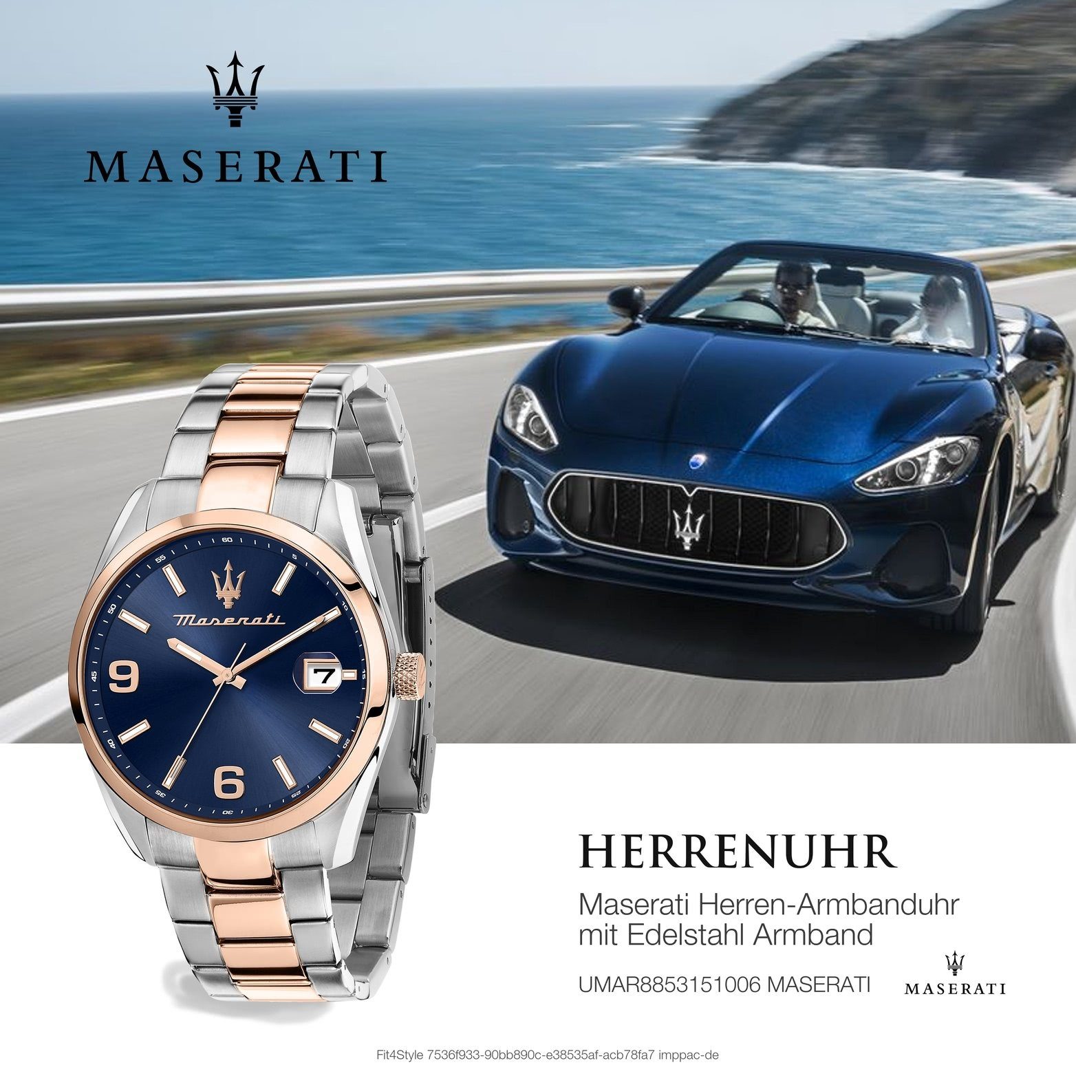 Attrazione, Quarzuhr Gehäuse, MASERATI Herrenuhr rundes 43mm) Herrenuhr Edelstahlarmband, blau (ca. Maserati groß