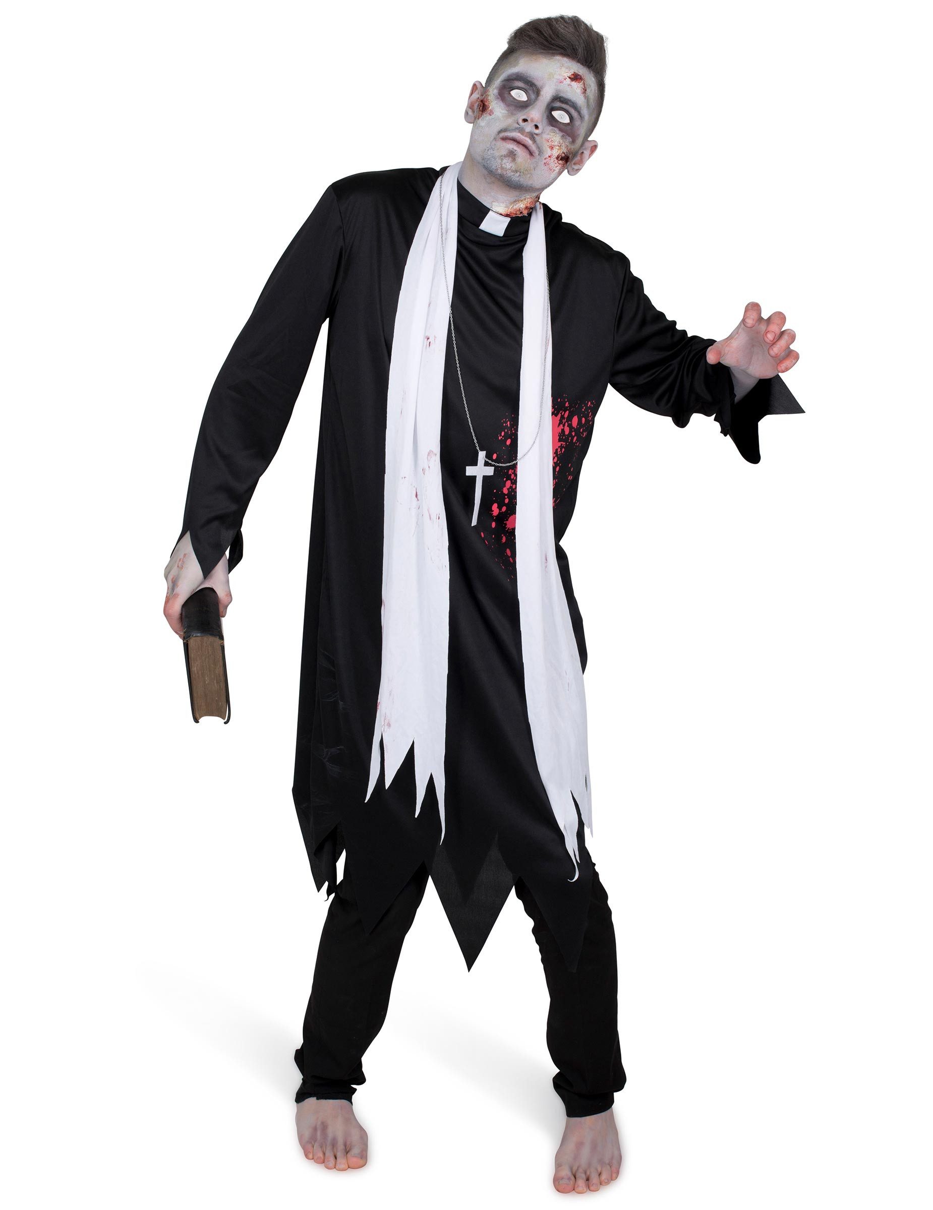 REDSUN Zombie-Kostüm Schauriger Zombie-Priester Halloween Herrenkostüm schwarz-weiss