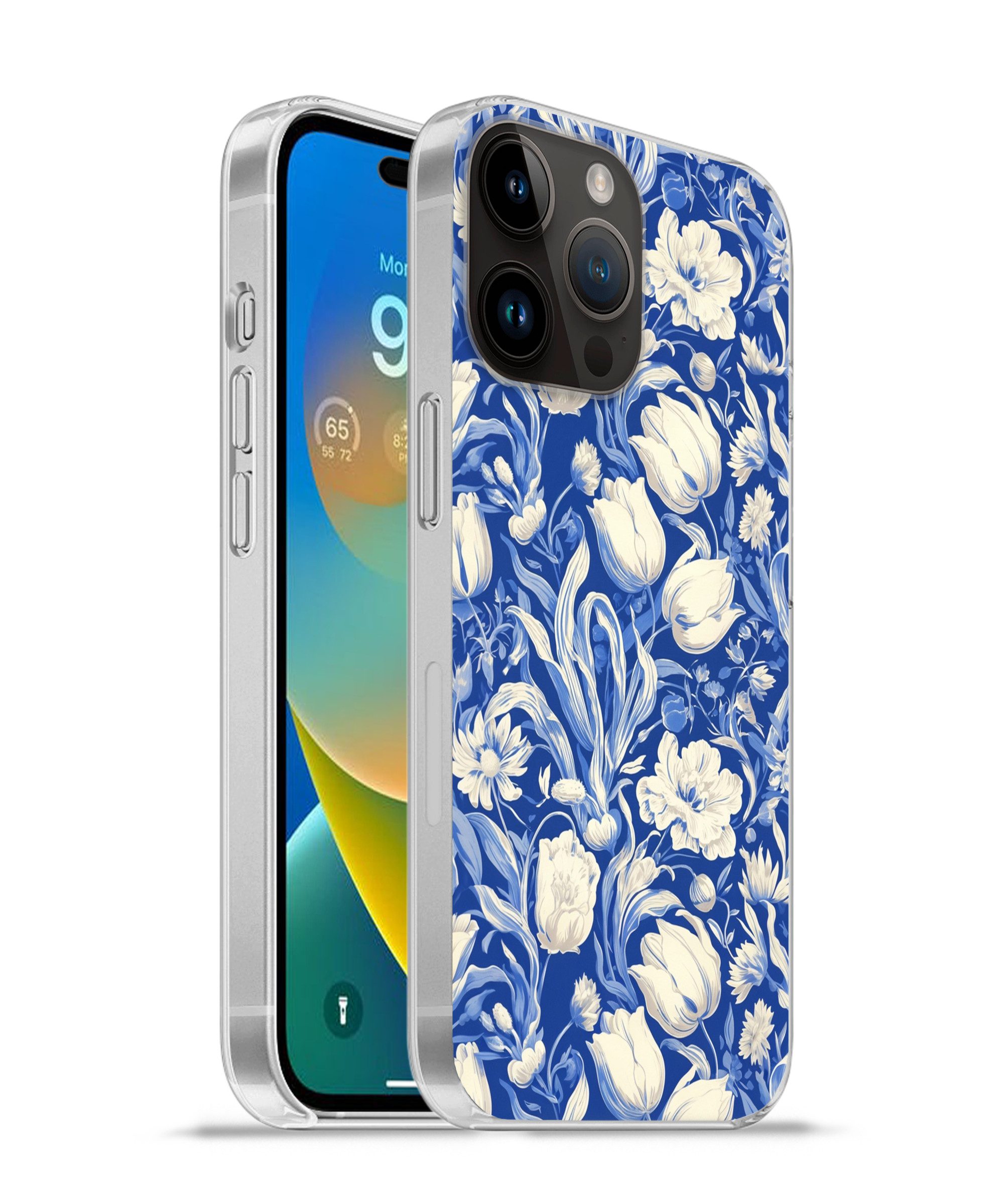 MuchoWow Handyhülle für Apple iPhone 14 Pro Blumen - Delfter Blau - Muster - Tulpe, Smartphone-Bumper, Print, Handy Schutzhülle Dünn