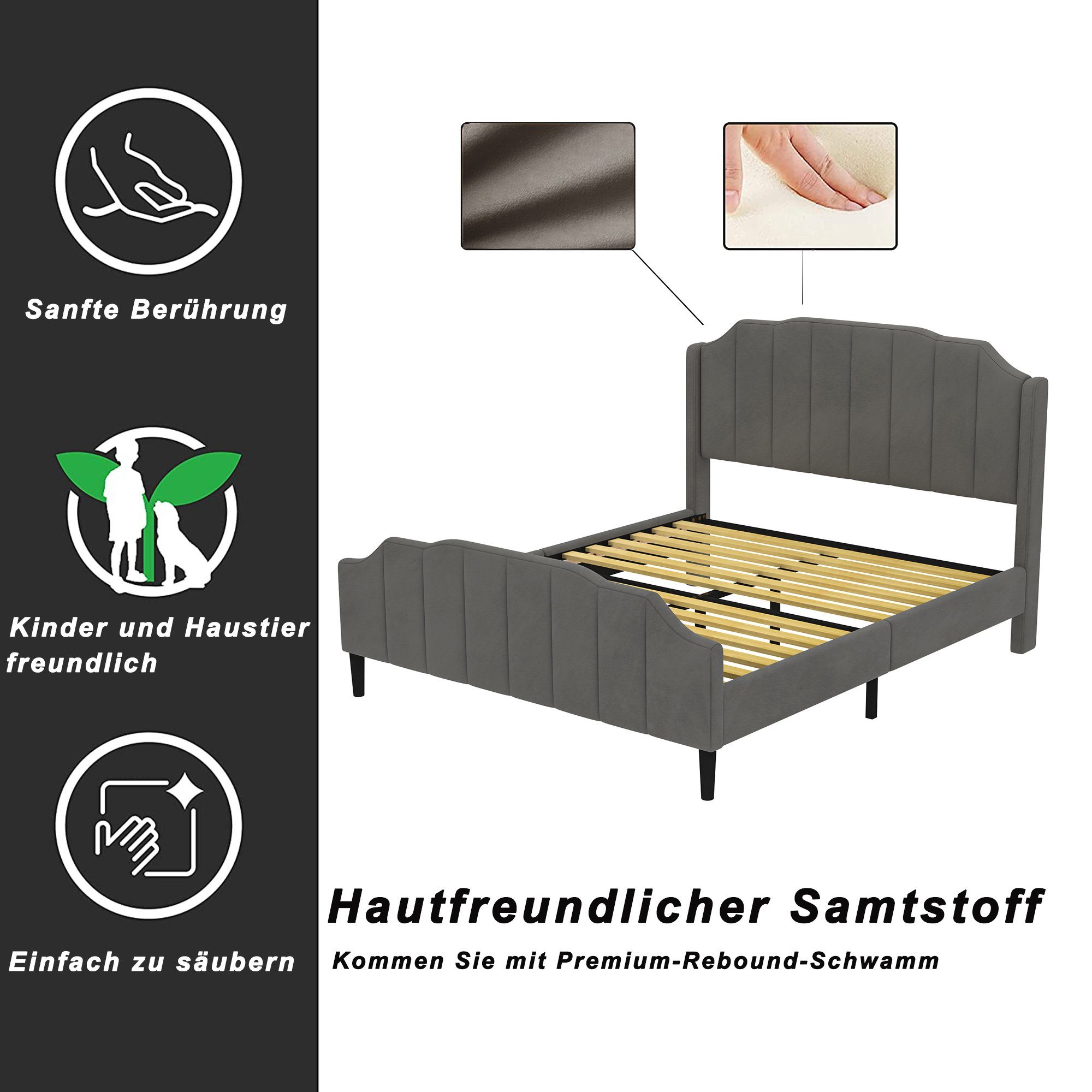 Polsterbett (Doppelbett 140 x 200 cm mit Kopfteil und Lattenrost), Jugendbett mit Gepolstertes Kopfteil, Bezug aus Samt