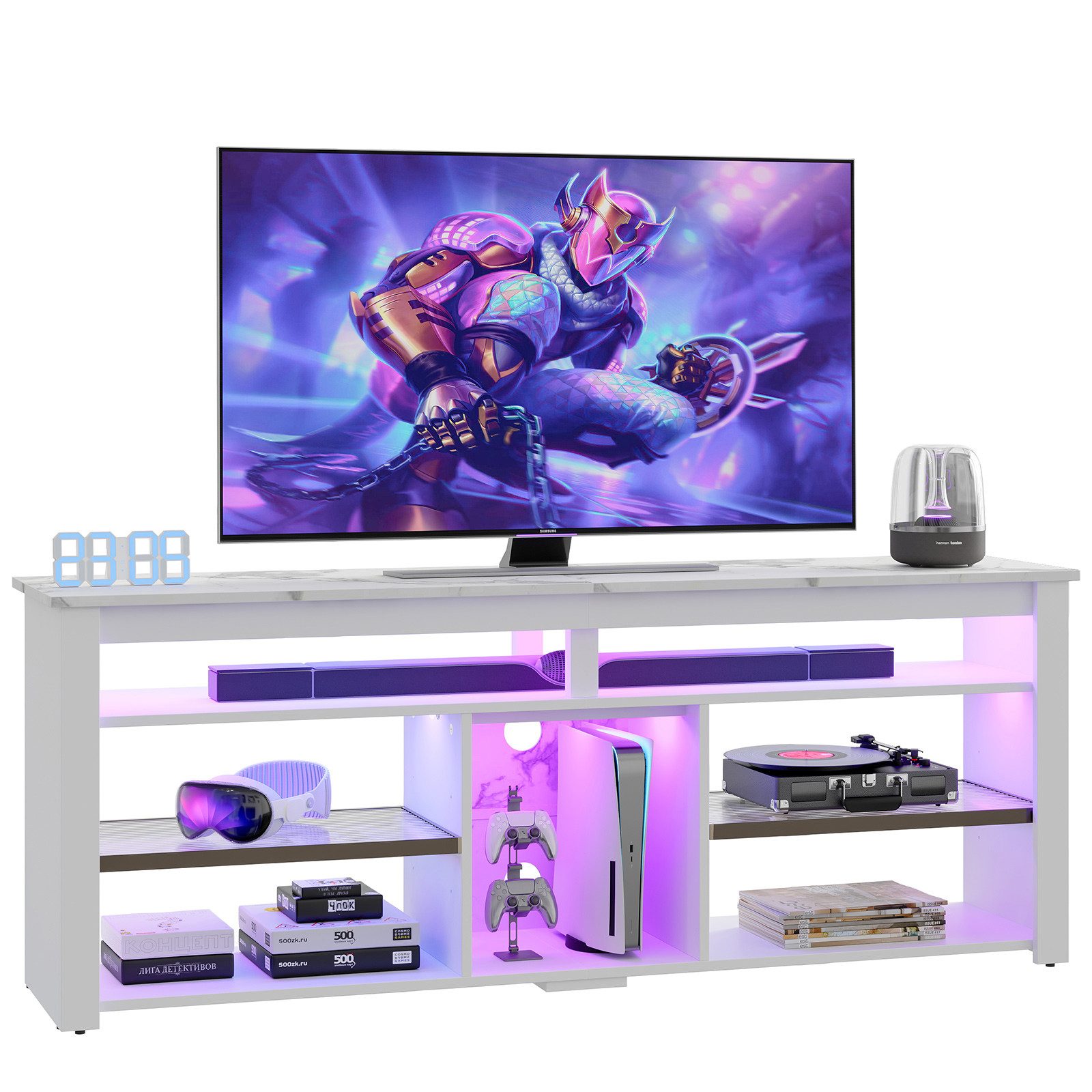 Bestier Lowboard TV-Schrank, Sideboard, Gaming TV Board mit LED-Beleuchtung (Breite 160 cm Fernsehtisch, 1 St, TV-Ständer für 55/60/65/70 Zoll Fernseher, mit 366 Dynamische Modi LED), Medien-TV Cabinet mit verstellbarem Regal, Weißer Marmor/Schwarze