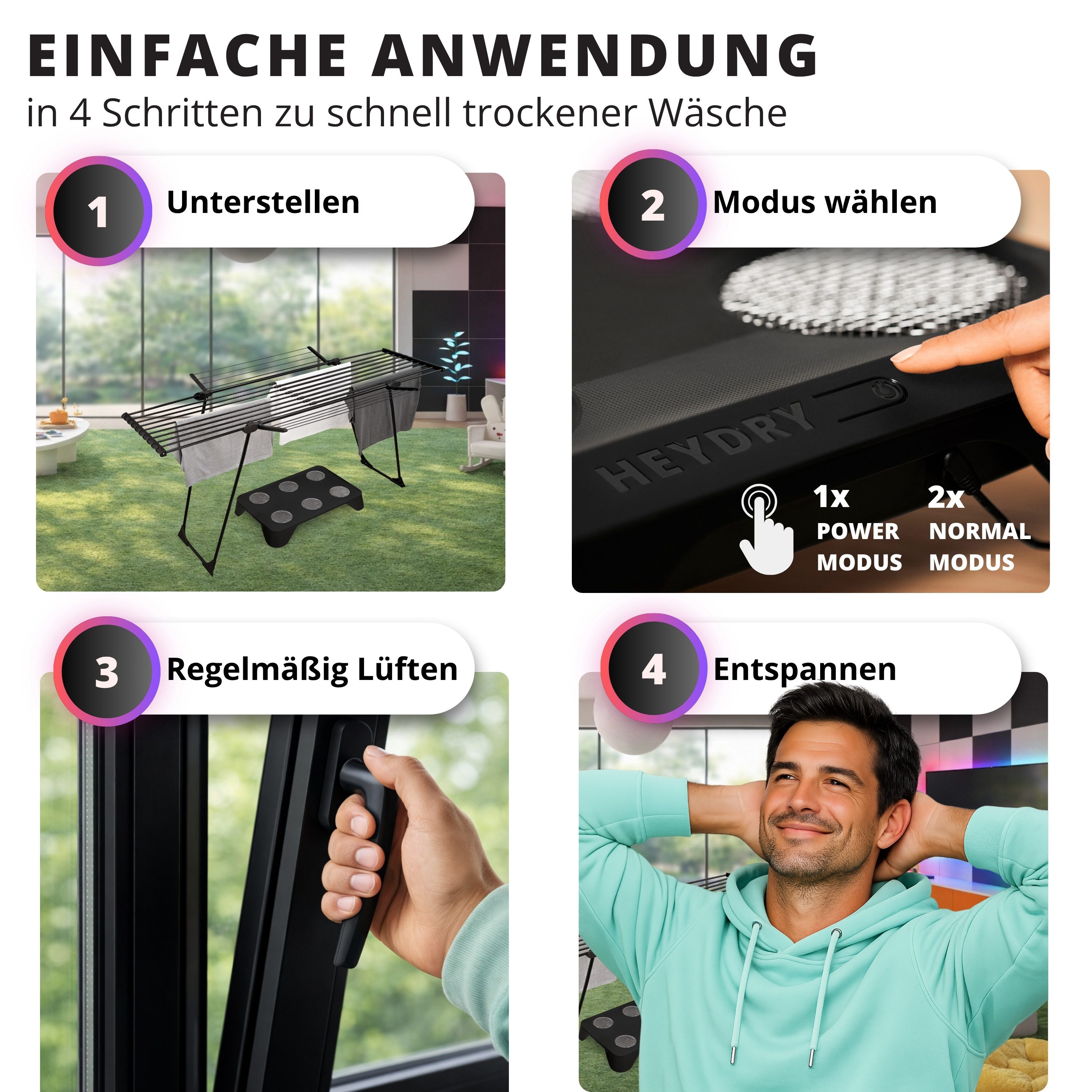 HEYDRY Elektrischer Wäschetrockner HEYDRY Lüfter für Wäscheständer, schnell & energiesparend trocknen, Made in Germany, mobiler Ventilator – Bild 4 von 5