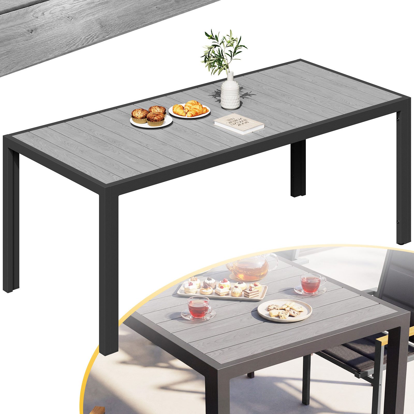 HOMALL Gartentisch Holzoptik Esszimmertisch 100kg Belastbarkeit, für 4-10 Personen (150/180cm Garten-Esstisch wetterfest Aluminiumrahmen Verstellbare Füße, für Außenbereich)