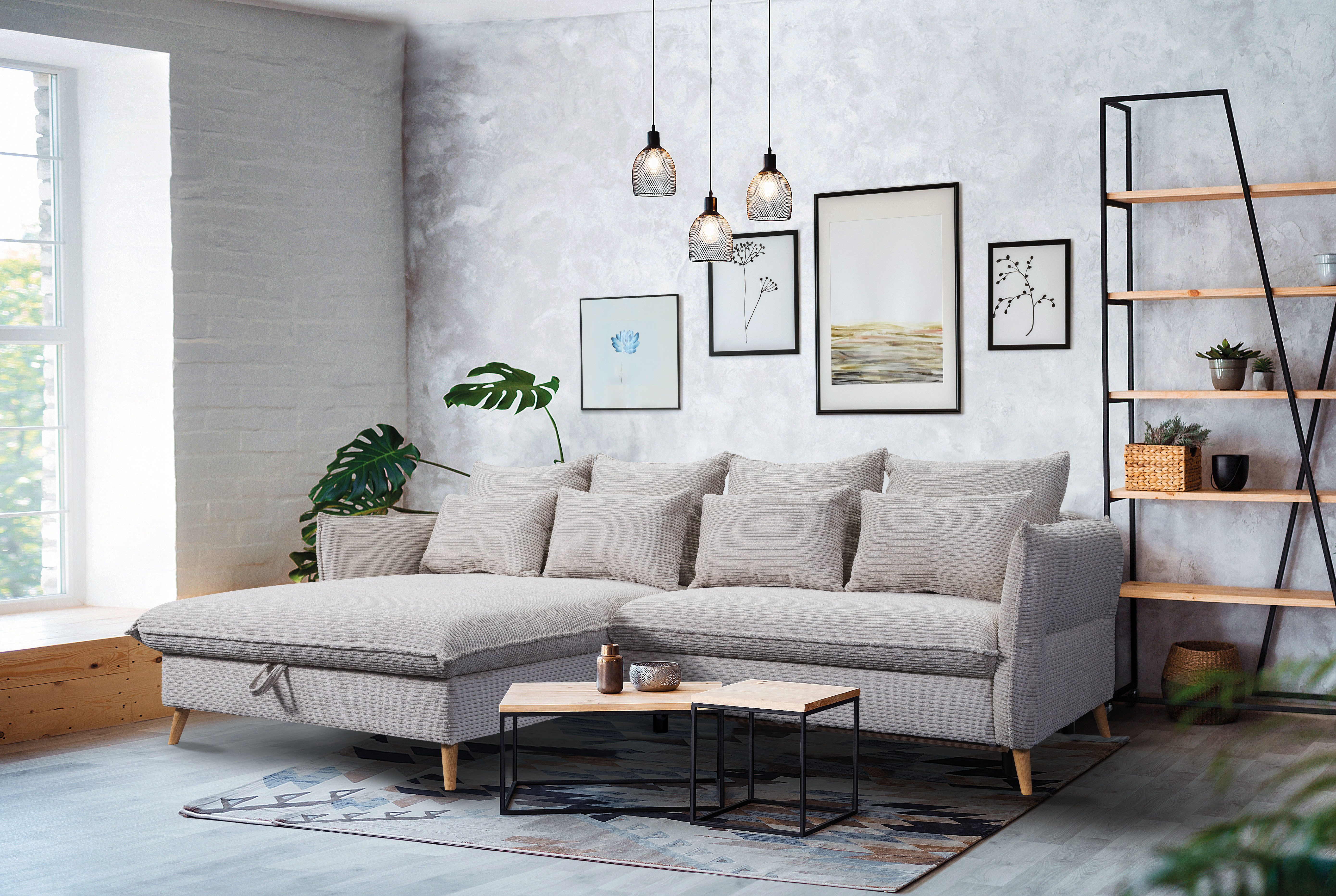 exxpo - sofa fashion Ecksofa WALPY, elegant & modern, bequem, schmale Armlehnen, Breite 274cm, L-Form, wahlweise mit Bettfunktion und Bettkasten, in Cord