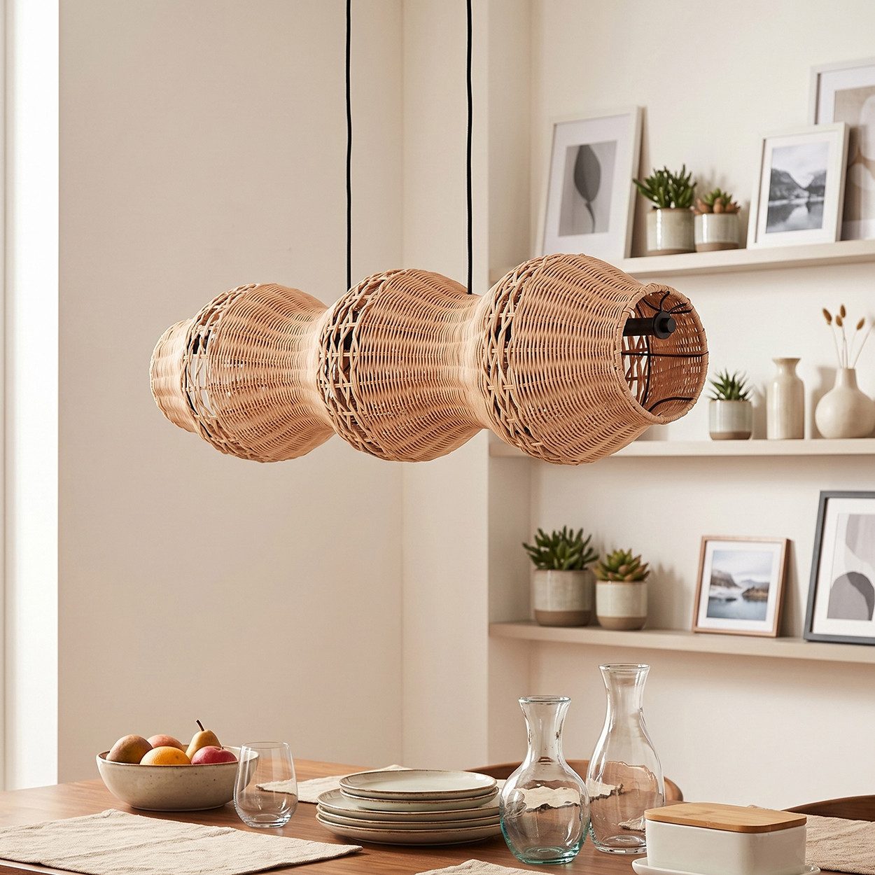 hofstein Pendelleuchte Hängelampe aus Metall/Rattan in Schwarz/Naturfarben, ohne Leuchtmittel, Hängeleuchte im skandinavischen Design, Boho-Style, max. 170 cm, 3xE27