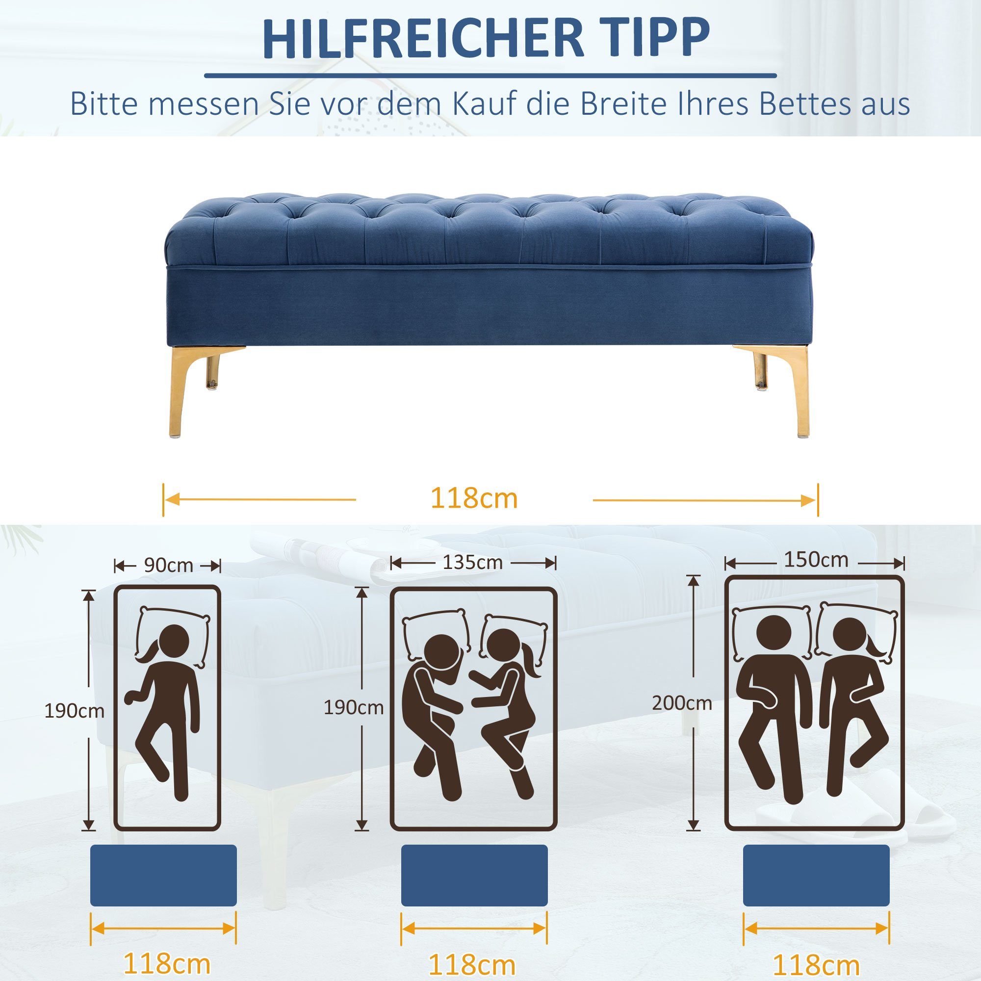 HOMCOM Polsterbank gold | gold 1-St., Schuhbank Blau Sitzbank Sitzottomane), blau, Sitzbank Schlafzimmer (Set, erhöhten Samt mit Bettbank blau, Beine