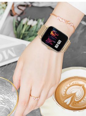 TPFNet SW03 mit Milanaise Armband + Silikon Armband Smartwatch (Android), individuelles Display - Armbanduhr mit Musiksteuerung, Herzfrequenz, Schrittzähler, Kalorien, Social Media etc., Gold