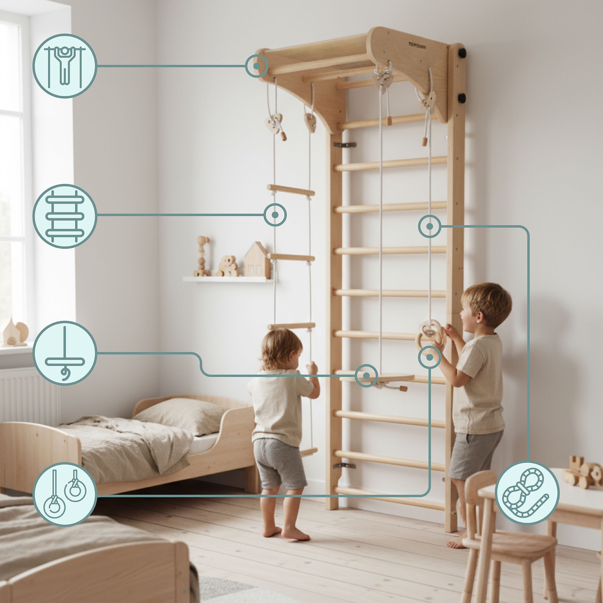 Mamabrum Kletterwand Holz-Kletterwand für Kinder mit Zubehör – Schaukel, Ringe & Seilleiter