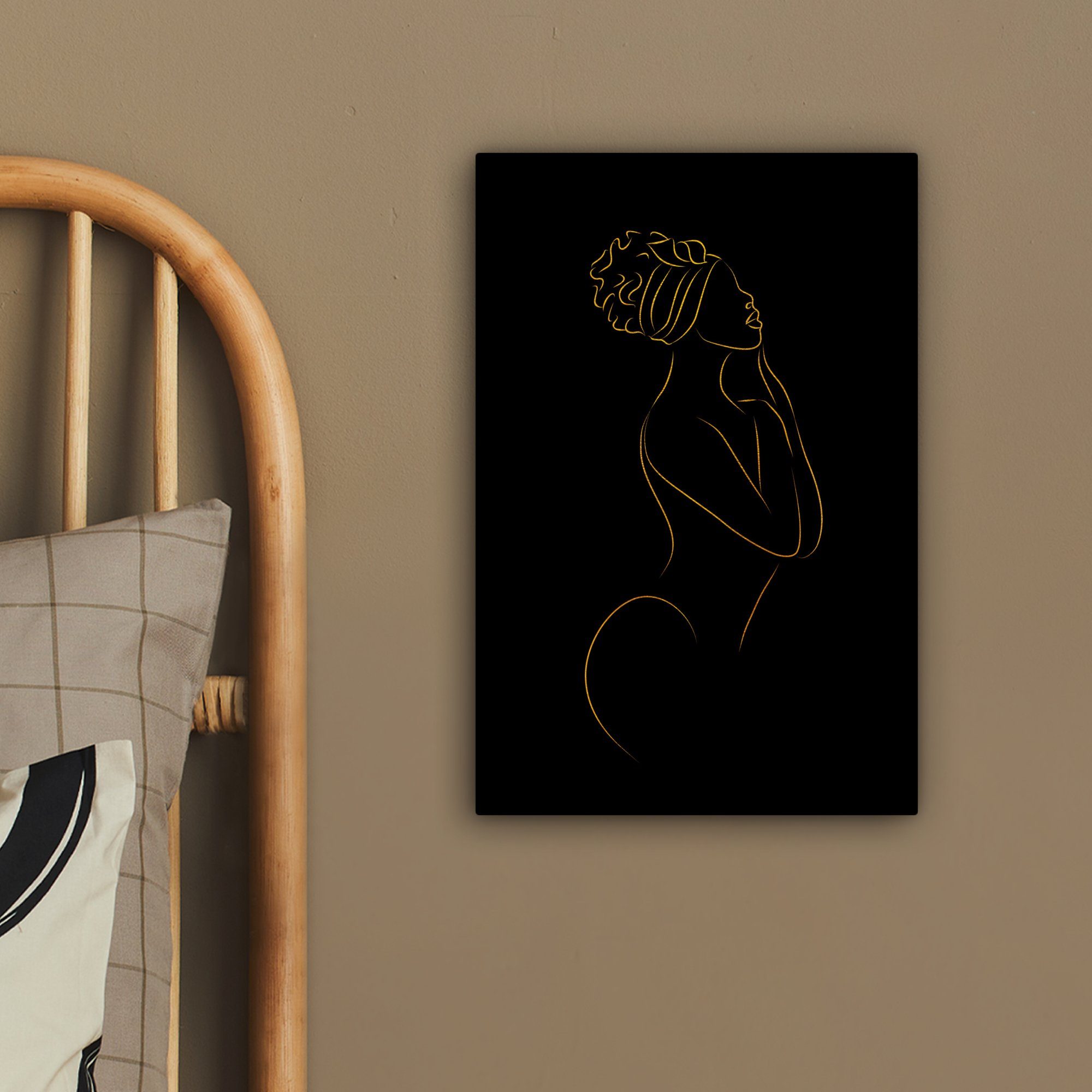 (1 inkl. Strichzeichnung, - fertig Zackenaufhänger, - Schwarz Gemälde, St), Leinwandbild - cm OneMillionCanvasses® bespannt Gold 20x30 Leinwandbild Frau