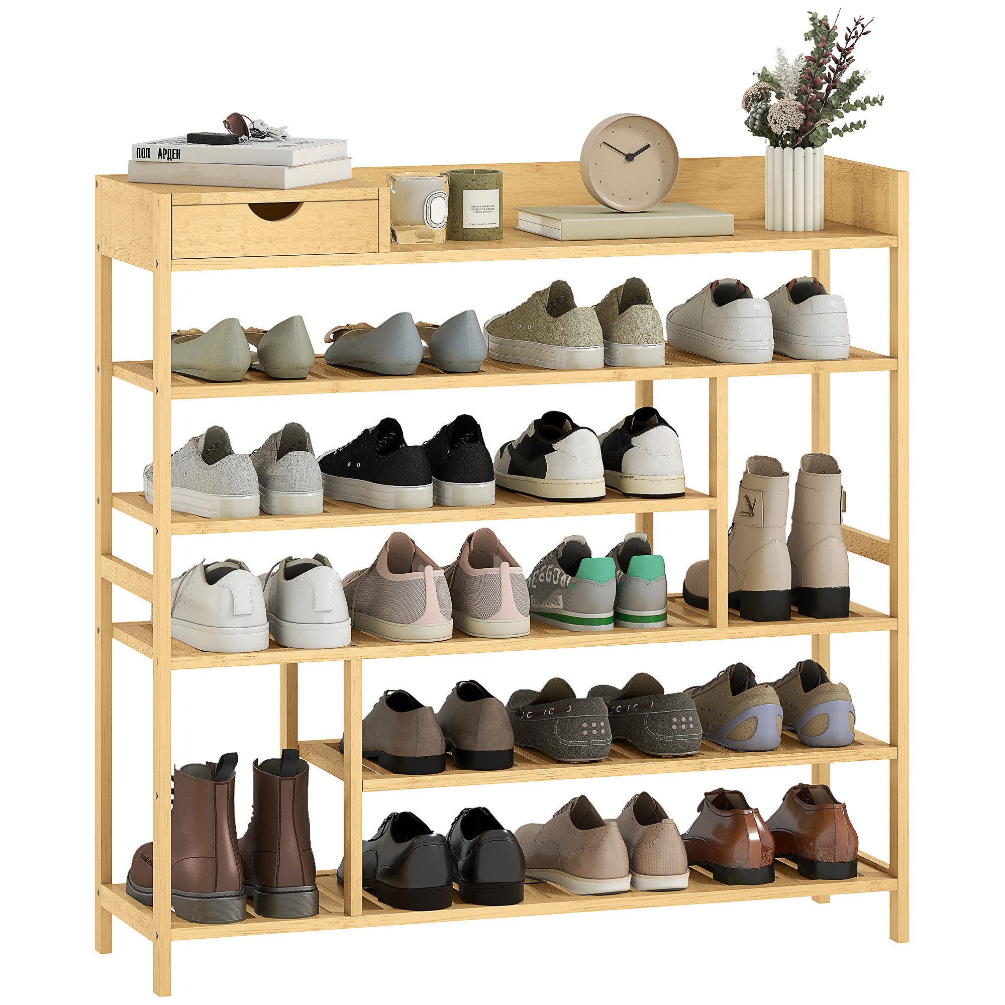 HOMCOM Schuhregal Schuhablage mit 6 Ebenen, Schublade aus Bambus, für 18 Paar, Schuhständer 1-tlg., für Eingang, Schlafzimmer, 101 x 30 x 100 cm, Natur – Bild 2 von 5