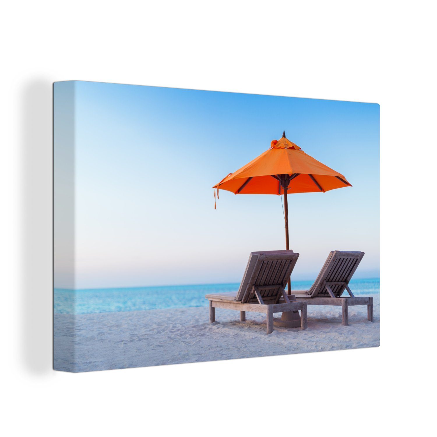 OneMillionCanvasses® Leinwandbild Meer - Sonnenschirm - Orange, (1 St), Wandbild Leinwandbilder, Aufhängefertig, Wanddeko, 30x20 cm