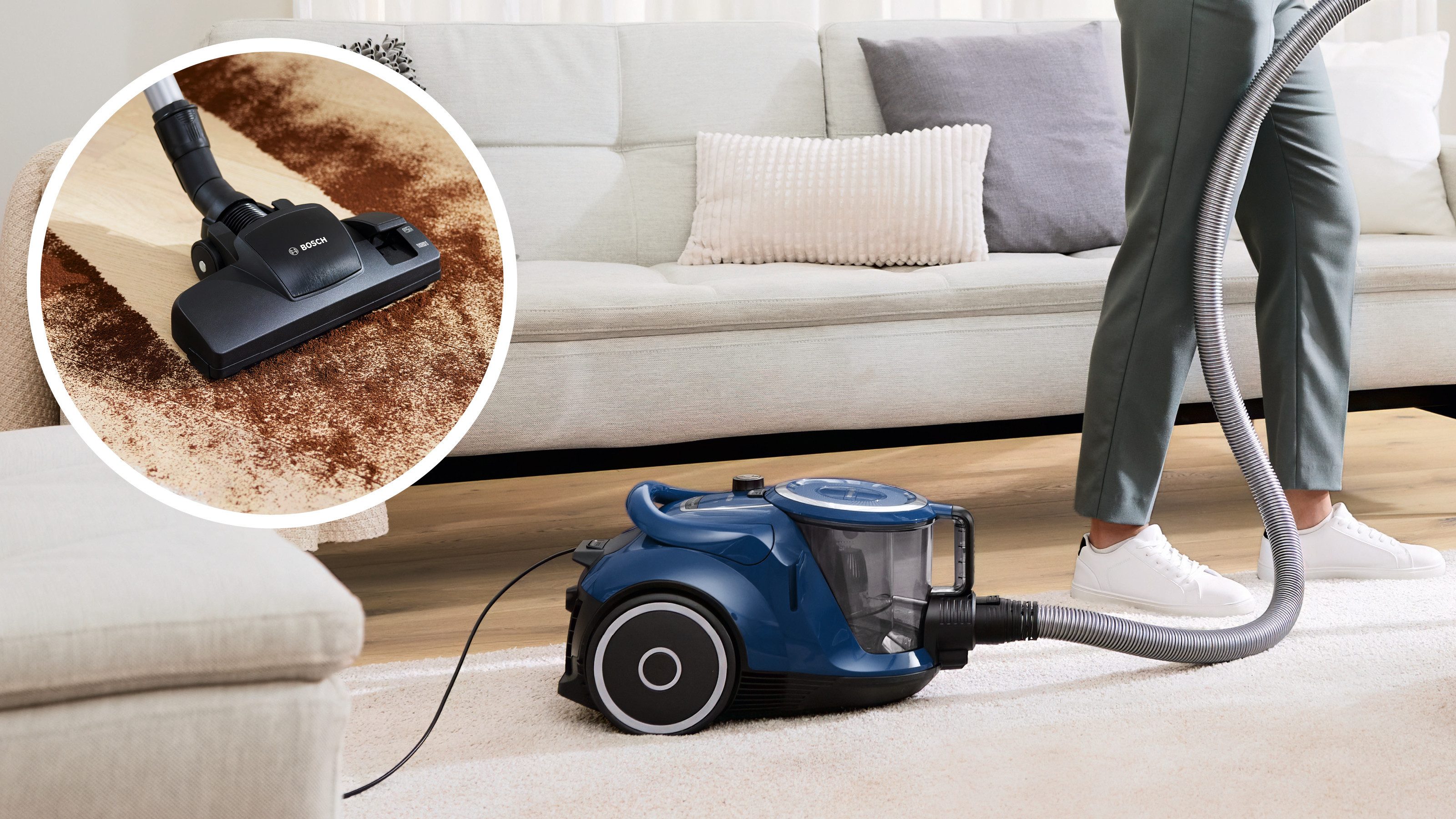 BOSCH Bodenstaubsauger Serie 6 BGC41XECO, ideal für Allergiker, Hygiene-Filter, beutellos, 10 Jahre Motorgarantie, XXL-Polsterdüse, lange Fugendüse, leise, blau