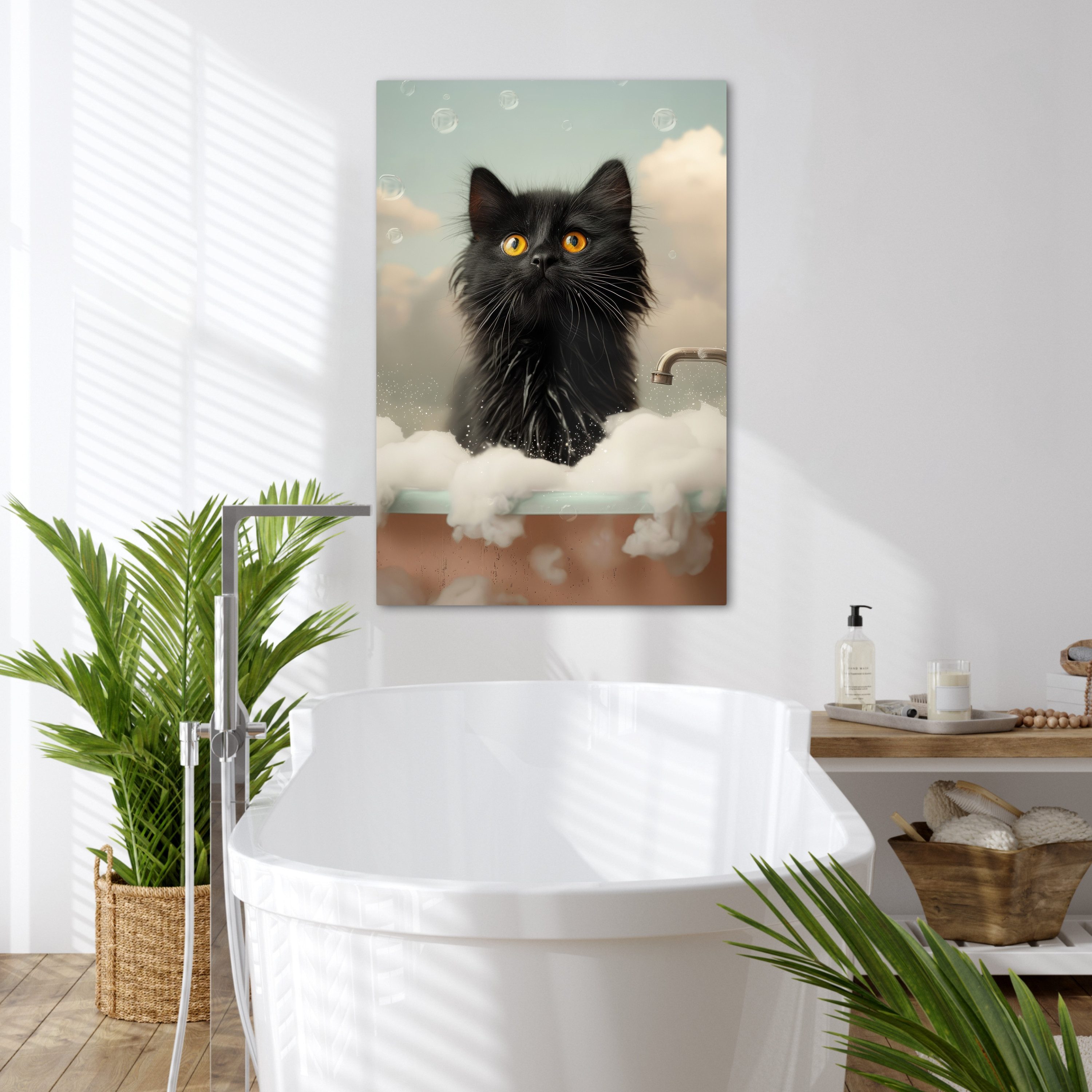 OneMillionCanvasses® Leinwandbild Katze - Bad - Schwarz - Tiere - Schaumstoff, Fotodruck (1 St), Badezimmer Deko, Bilder WC, Toilette Wanddeko 60x90 cm