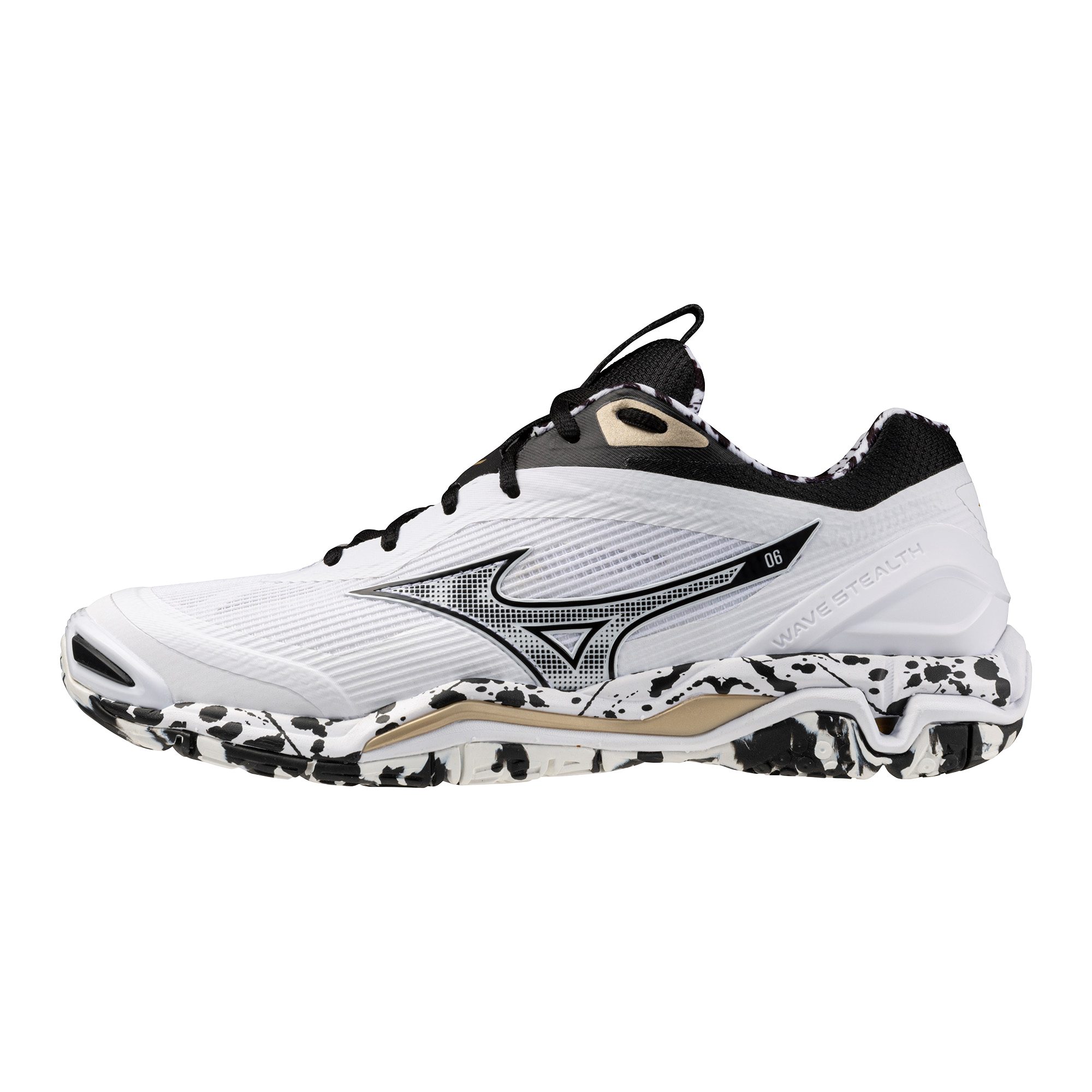 Mizuno WAVE STEALTH 6 White/Black/GE Gold Hallenschuh