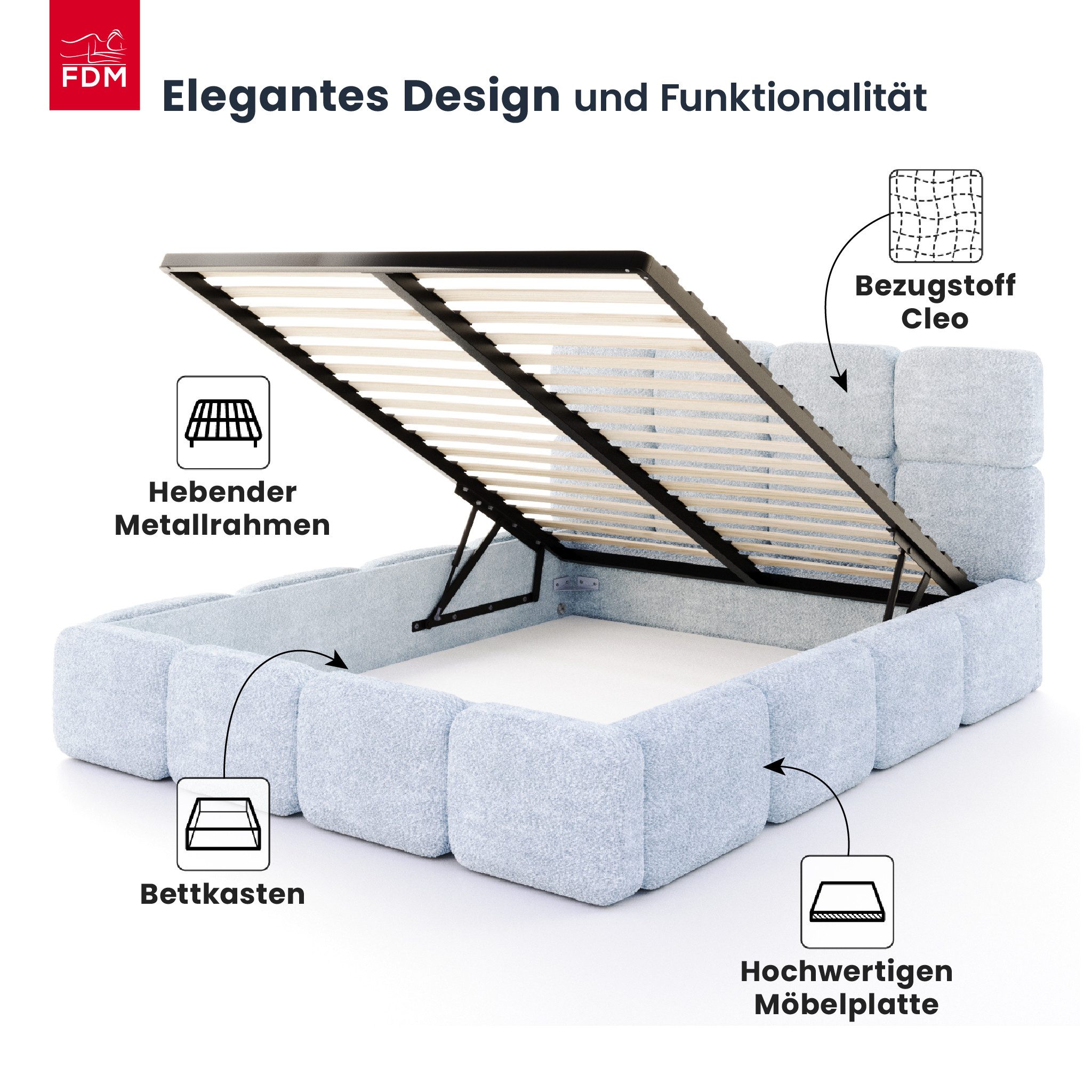 FDM Polsterbett CLOUDY Bettgestell Bett 140x200, 160x200, 180x200 cm Bestseller (verfügbar 140x200 160x200 180x200cm, Bettrahmen, Bett, mit großen gepolsterten Kopfteil, mit Bettkasten zum aufklappen), Hebbarer Metallrahmen, Bettkasten, ohne Matratze
