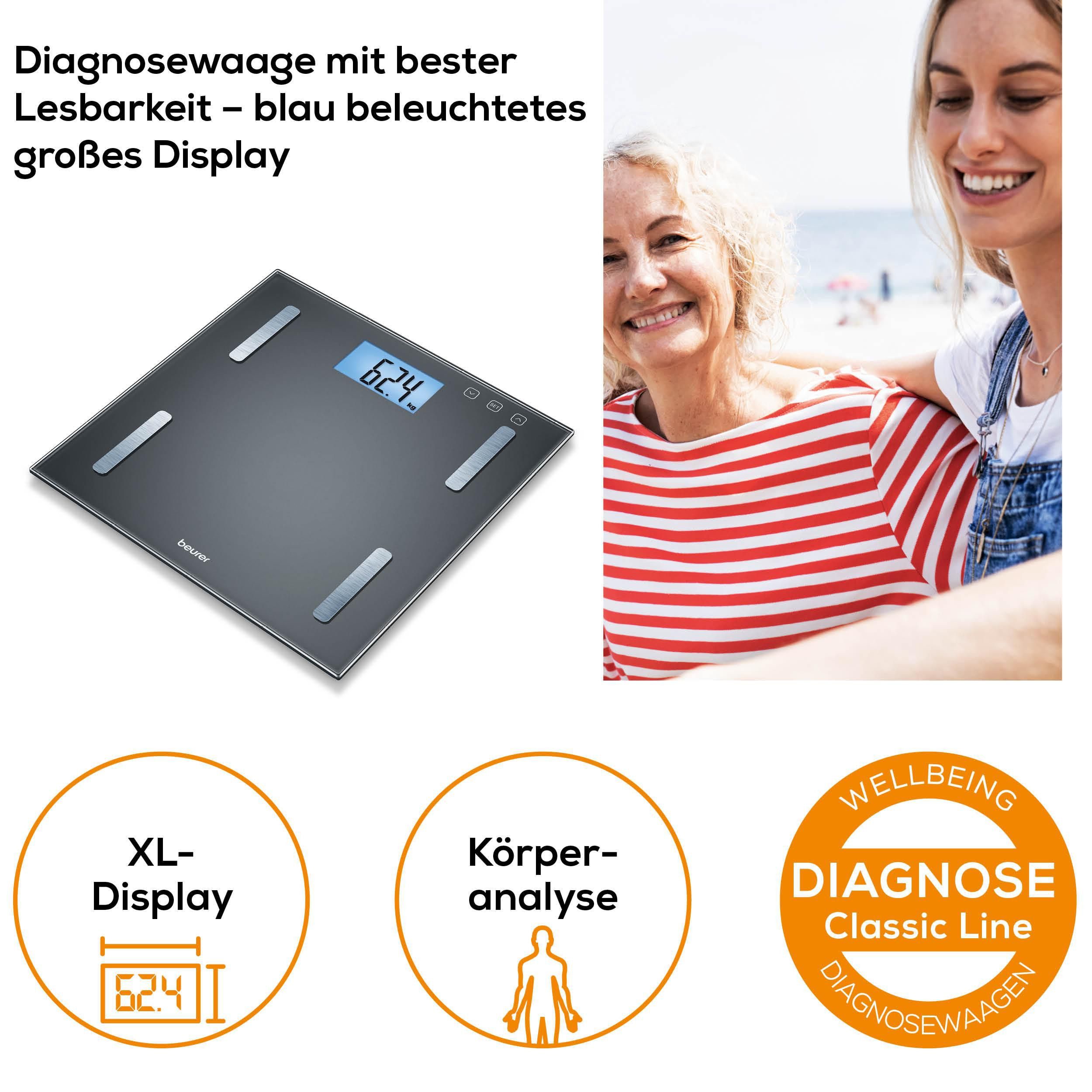 BEURER Körper-Analyse-Waage BF 180 zur Ermittlung der Körperwerte, Tragkraft mit 180 kg, Elektroden aus gebürstetem Edelstahl