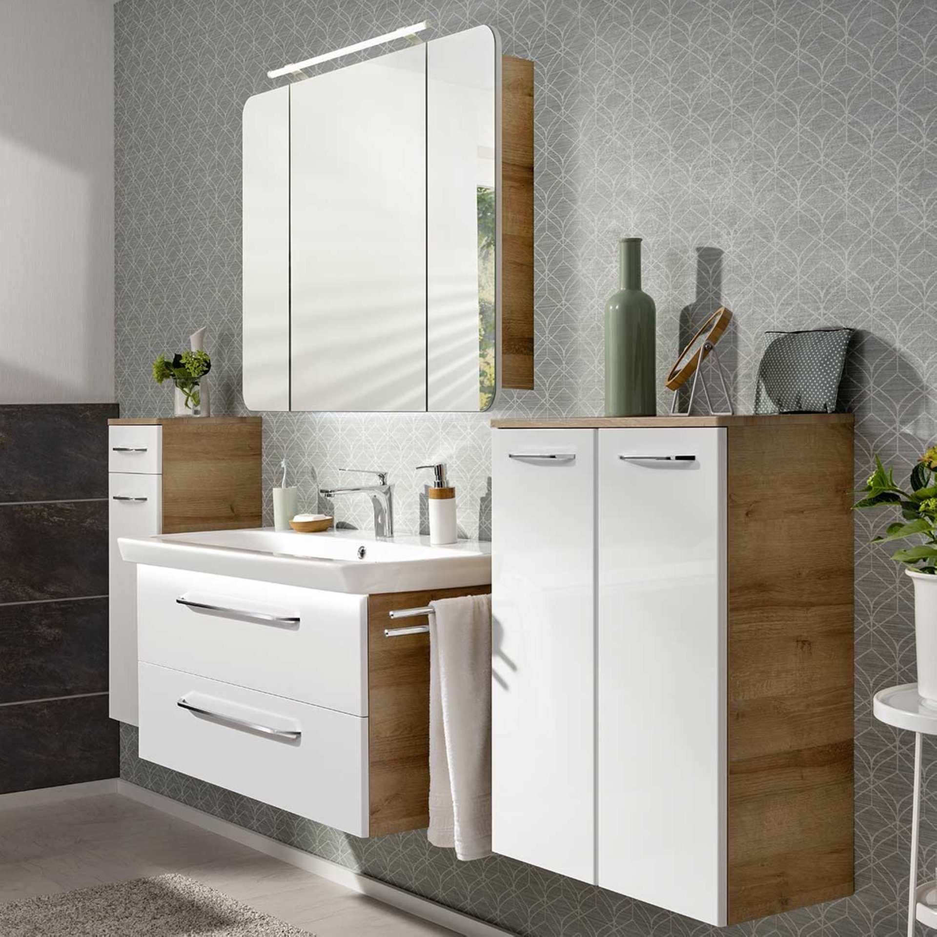 FACKELMANN Badmöbel-Set MILANO 5-teiliges Set, Keramik, Spiegelschrank + Midischränke