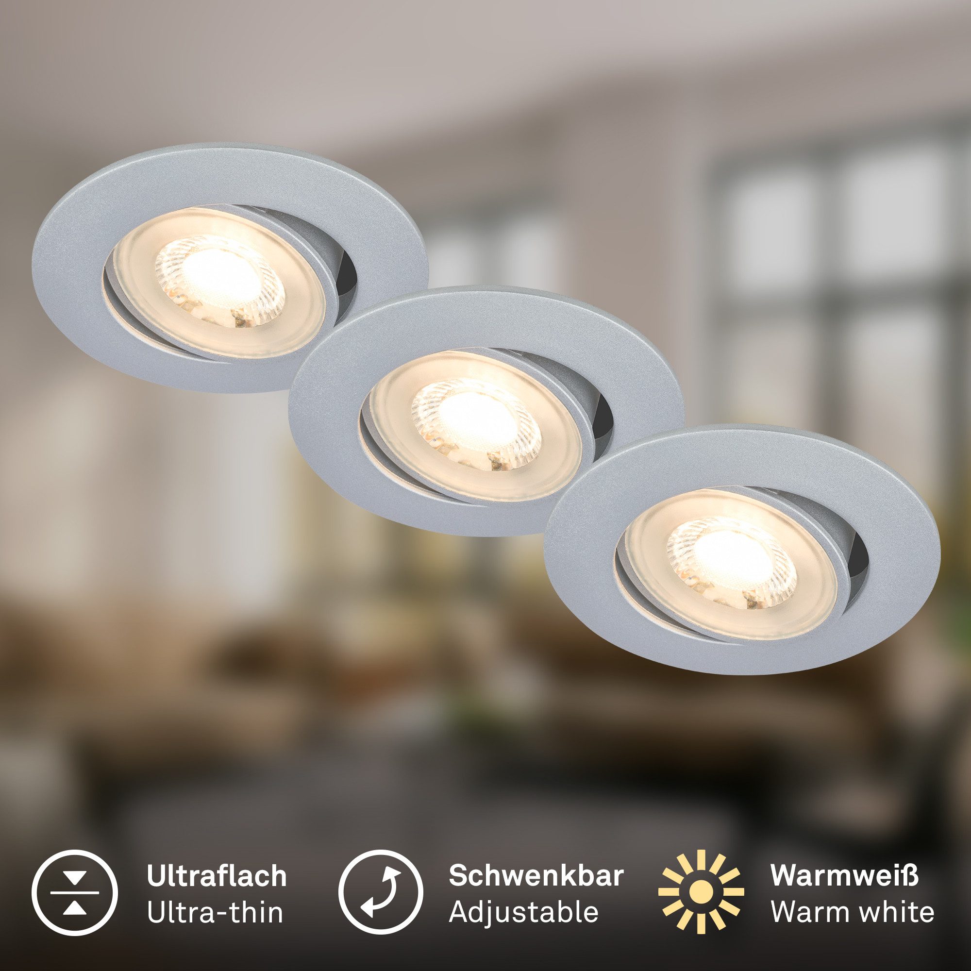 Briloner Leuchten LED Einbauleuchte Einbaustrahler 3er Set Dimmbar Schwenkbar, Standard, LED fest integriert, Warmweiß, 90x24 mm, Wohnzimmer, Flur