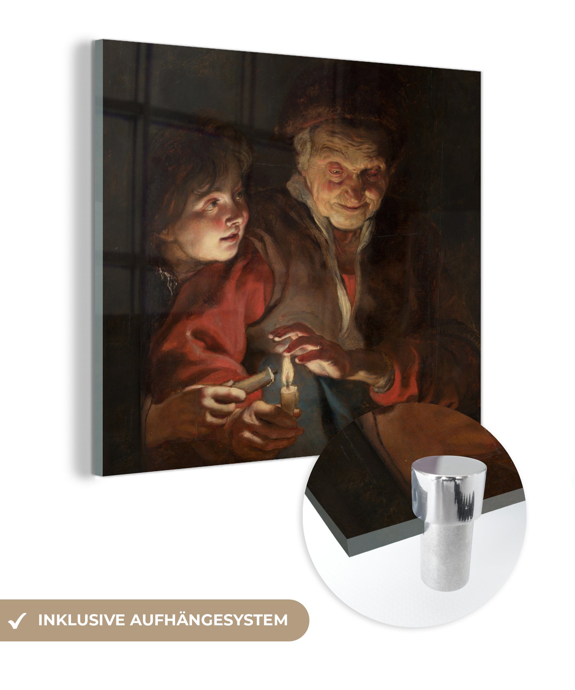 MuchoWow Acrylglasbild Alte Frau und Junge mit Kerzen - Gemälde von Peter Paul Rubens, (1 St), Glasbilder - Bilder auf Glas Wandbild - Foto auf Glas - Wanddekoration