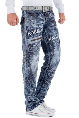 Kosmo Lupo 5-Pocket-Jeans Auffällige Herren Hose BA-KM051 Blau W36/L34 (1-tlg) Markante Waschnung und Verzierungen