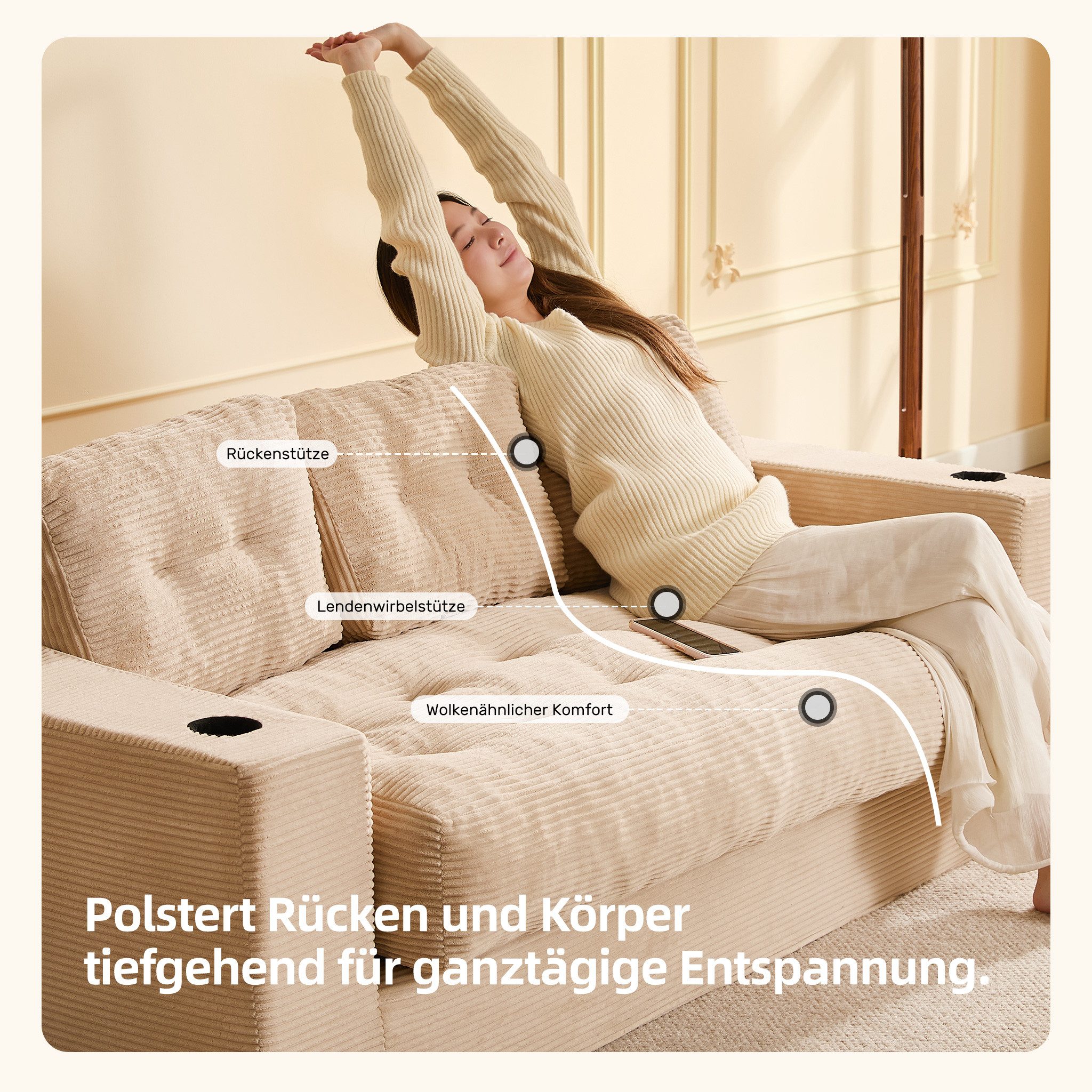 Sofa Bodensofa 3-Sitzer 190 cm, modulares Kordstoff Sofa mit Rückenlehne