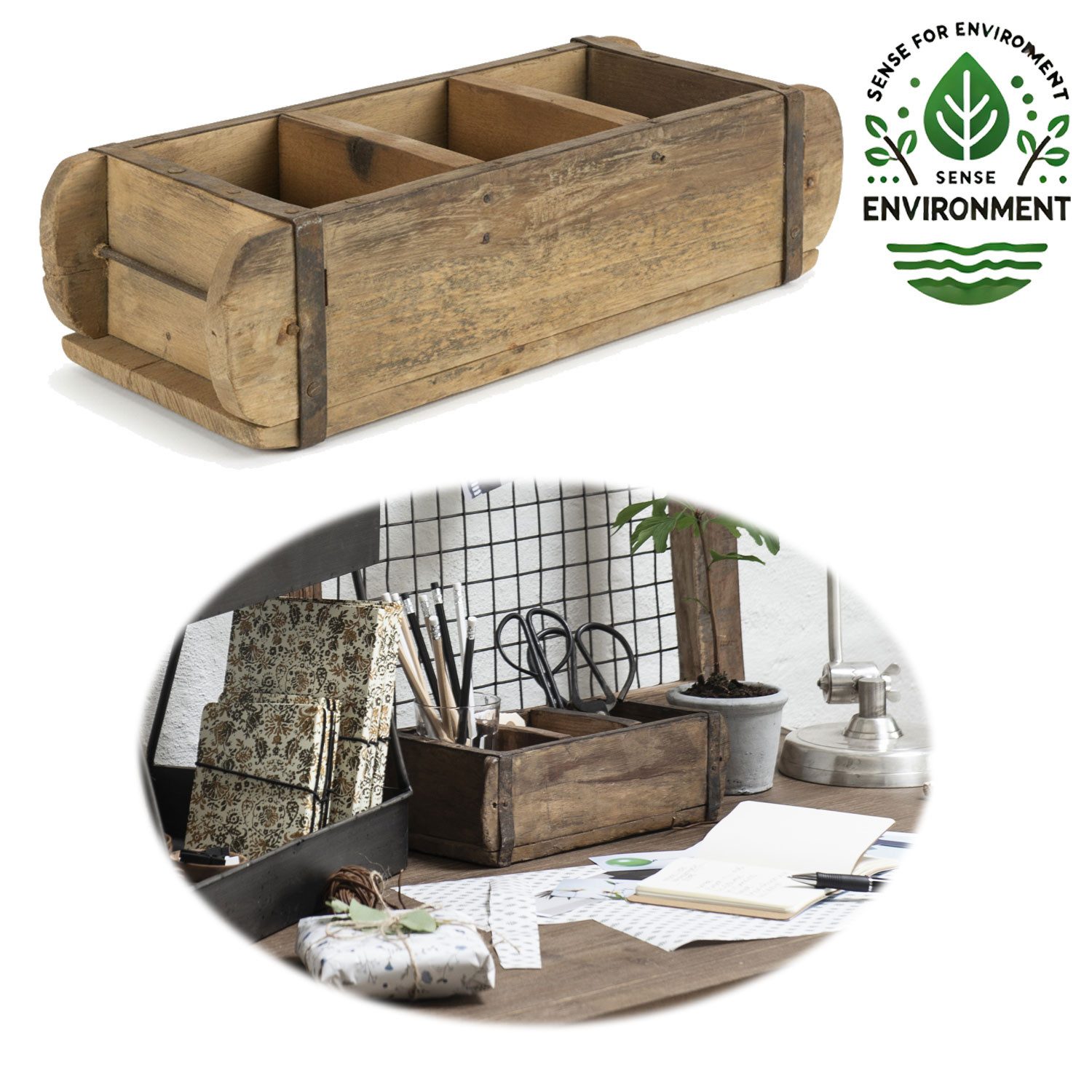 LS-LebenStil Aufbewahrungsbox IB Laursen Holz Ziegelform Unika 31x15cm Braun 3 Fächer (echte alte Vintage Backsteinform mit Metallbeschlägen, 1 St., Original Unika - Rustikal - Holzbox Holzkiste Holzkasten Pflanzkübel), Rustikale Ordnungsbox Allzweckkiste Aufbewahrungskiste