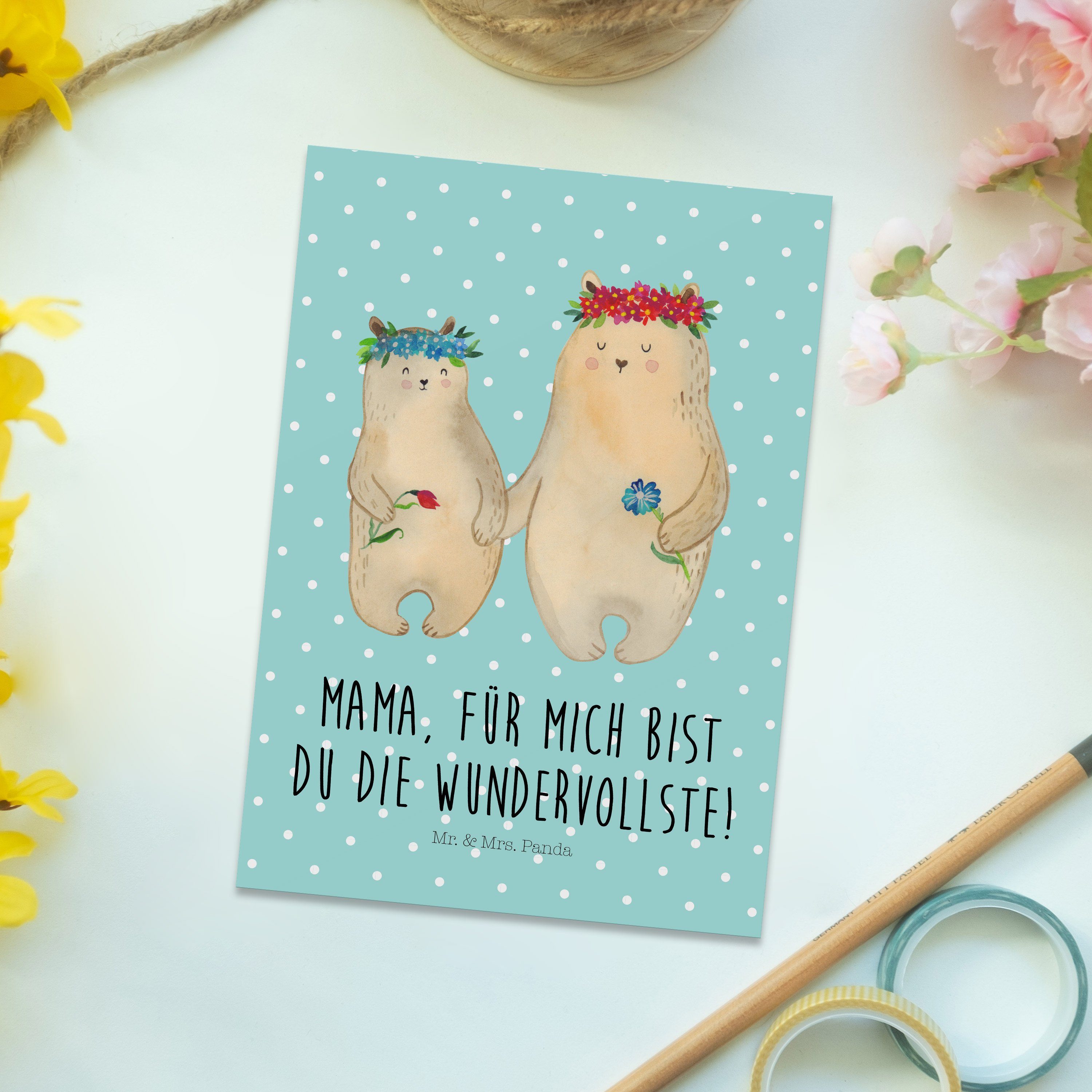 Türkis Mrs. Panda mit - Pastell Bären & Einladung, - Geschenk, Postkarte Mr. Blumenkranz Ansicht