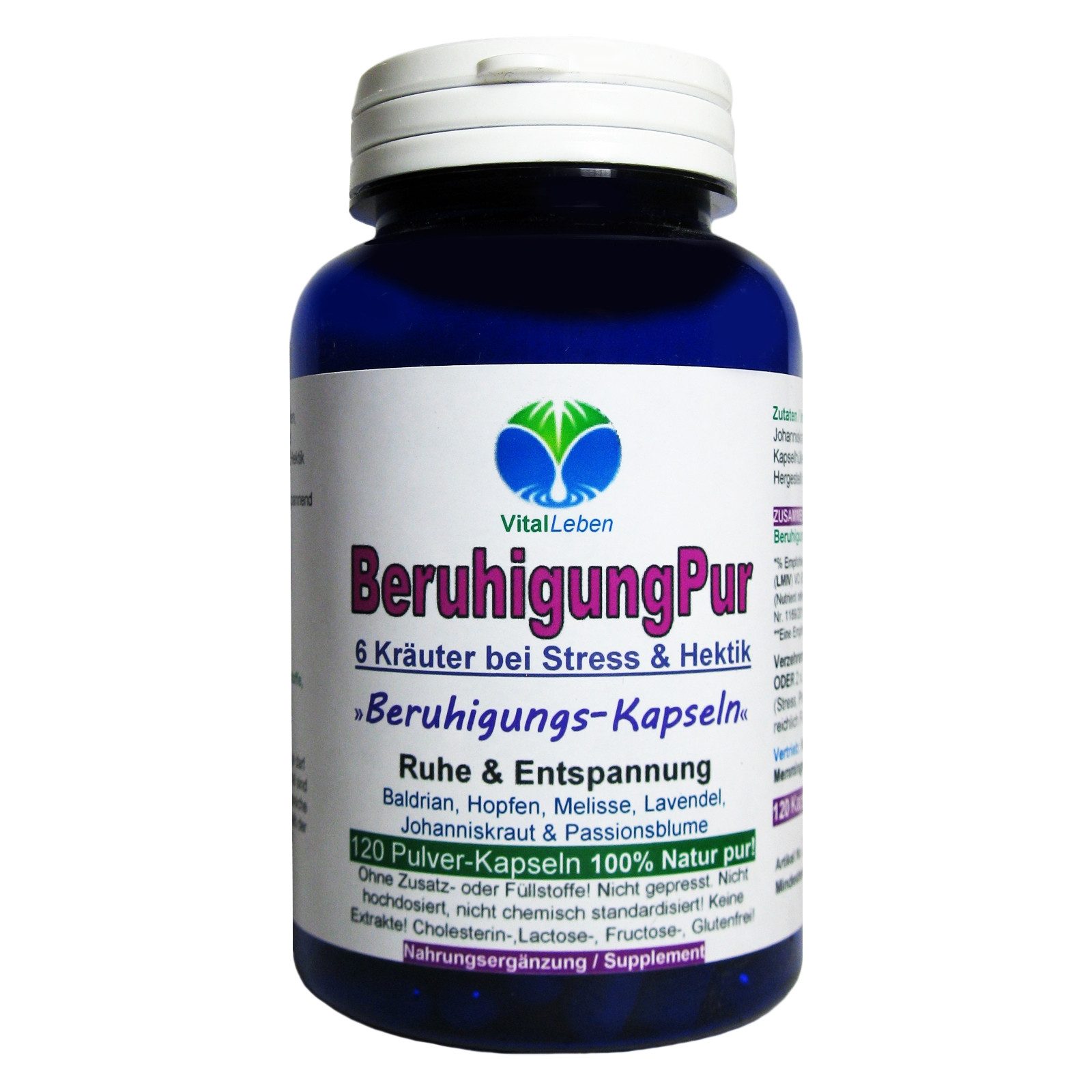 VitalLeben Beruhigung Pur 6 Kräuter - Entspannung & Abendruhe - Ohne Zusatzstoffe Kapseln, 1 er Dose à 120 St., 48 g, Art. 26720-120