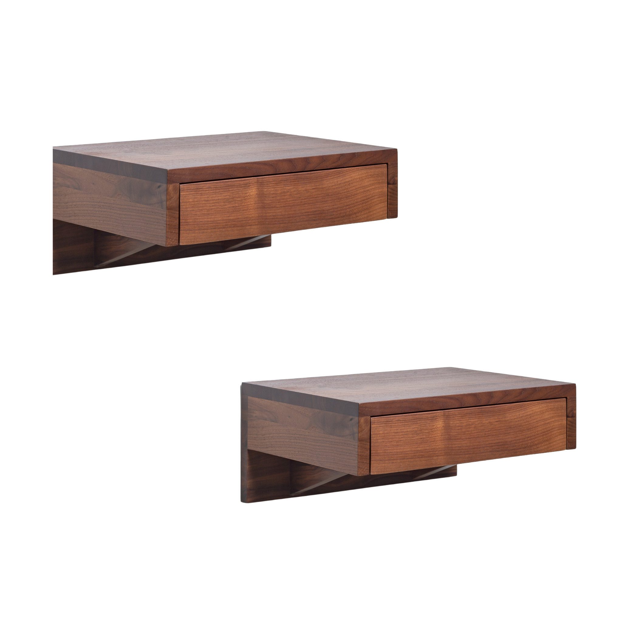 Woodek Design Nachttisch 2er-Set schwebender Nachttisch aus massivem Nussbaum – matt lackiert (H 18 x B 40 x T 30 cm, 1-St., hängende und moderne Nachttischkonsole), funktionales Wandregal mit Schublade