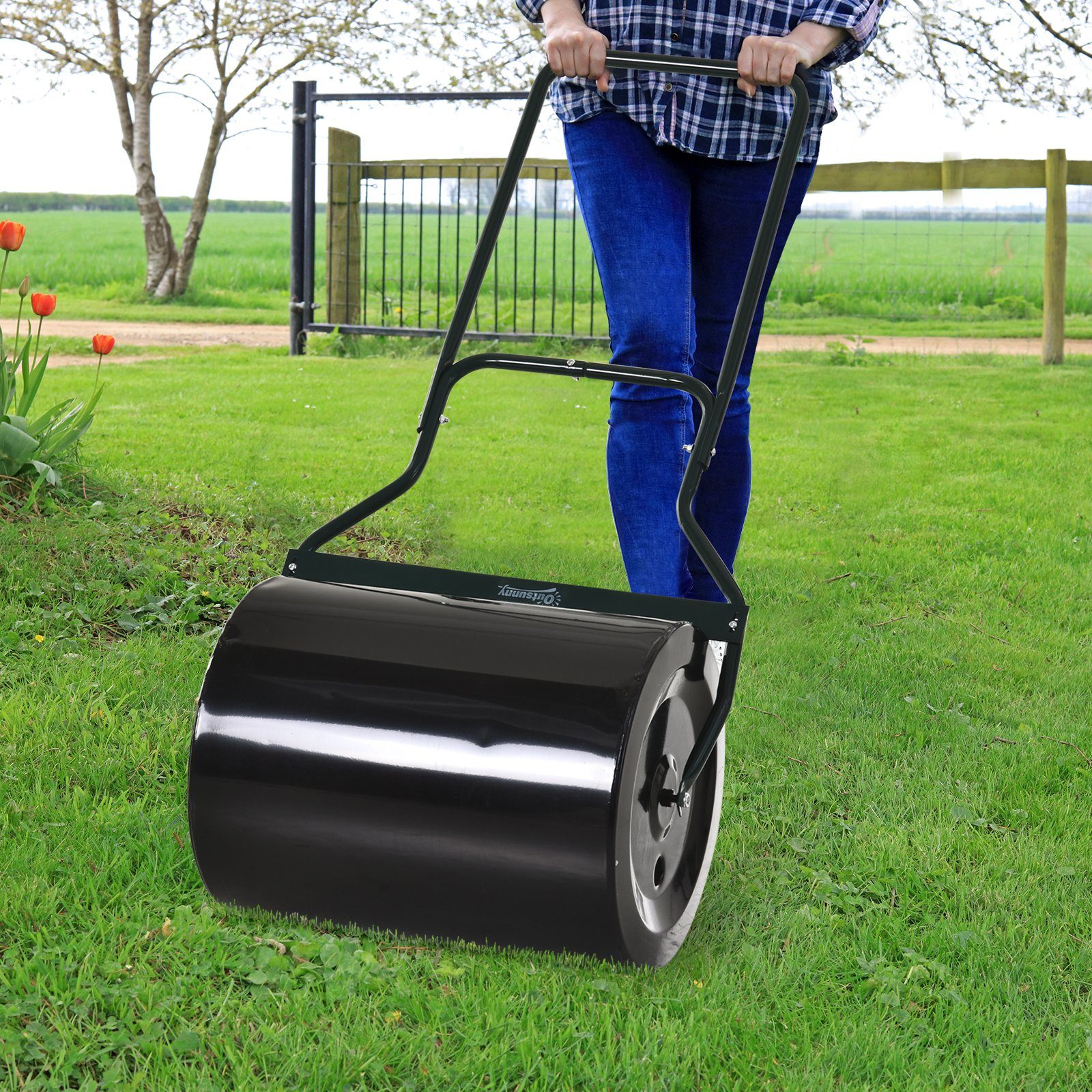 Outsunny Rasenwalze mit U-Griff, 40 cm Durchmesser, 60 L Wasser-/Sandfüllung, aus Metall, 50 cm, Gartenrolle, 1-tlg., Gartenwalze,für Garten, Schwarz