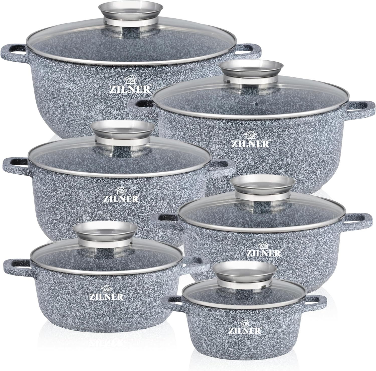 Zilner Topf-Set Set von sechs schönen grauen steinüberzogenen Töpfen, Aluminium, Keramik, Edelstahl, Aluminiumguss (Passt in jede Küche! 1.3L / 2.3L / 2.3L / 3.2L / 4.5L / 6.8L, 12-tlg., Es ist eine perfekte Geschenkidee für jeden Anlass), Innovative Arom