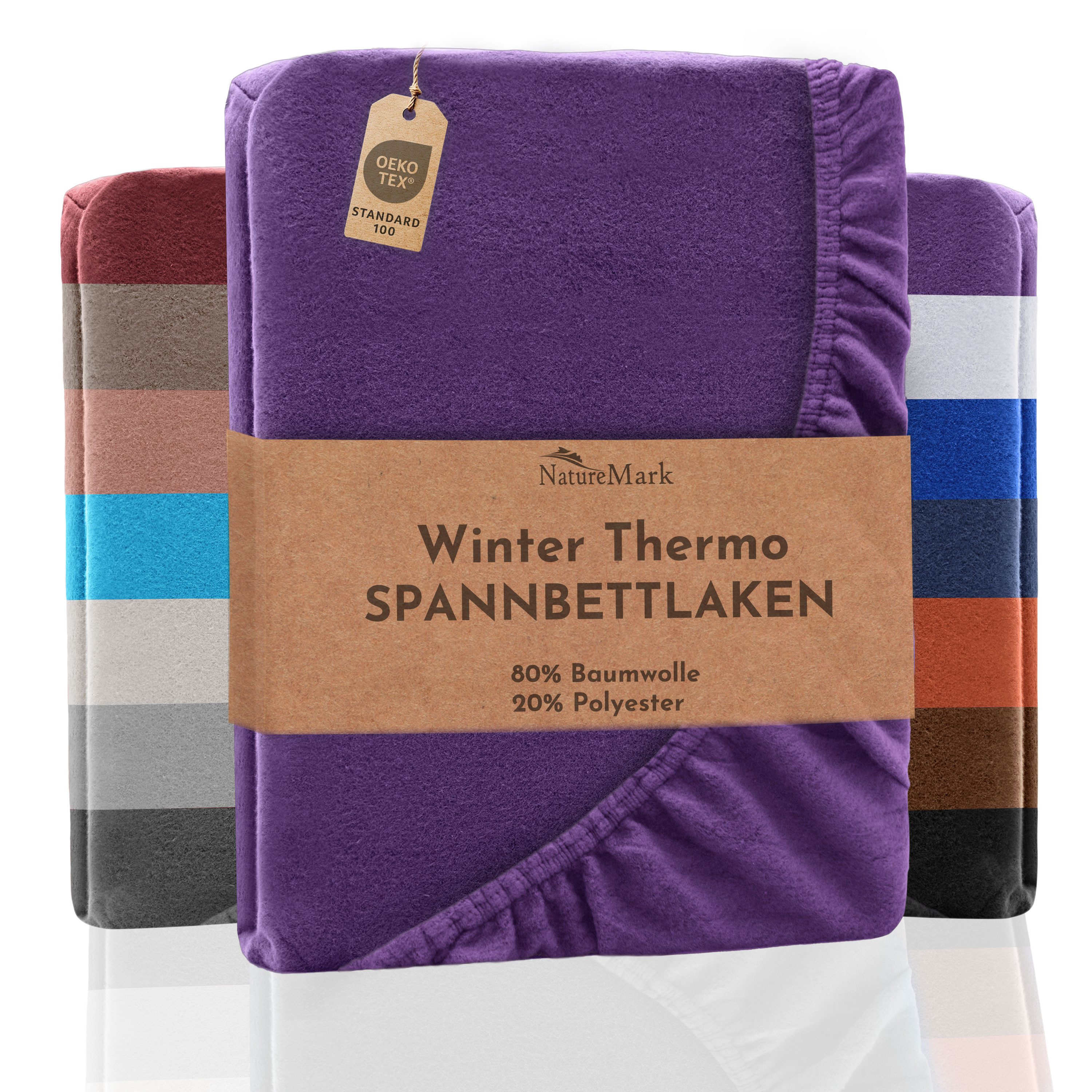 NatureMark Spannbettlaken Winter Thermo Fleece Spannbetttuch, 80% Baumwolle und 20% Polyester, Gummizug: rundum, (1 Stück), 90 x 190 bis 100 x 200 cm - Lila