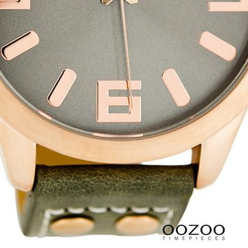 OOZOO Quarzuhr Oozoo Damen Armbanduhr olivgrün, Damenuhr rund, extra groß (ca. 46mm) Lederarmband, Fashion-Style