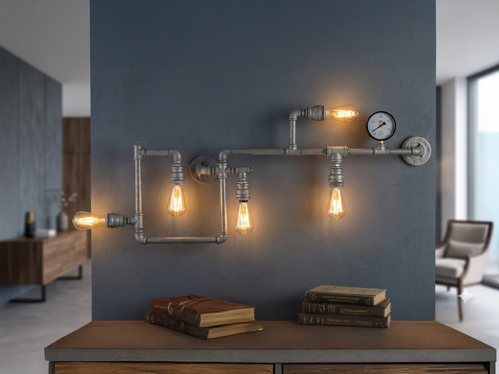 Luce Ambiente Design LED Wandleuchte, LED wechselbar, warmweiß, innen, ausgefallene Treppenhaus Industrial Rohr Lampe flach Grau 114cm
