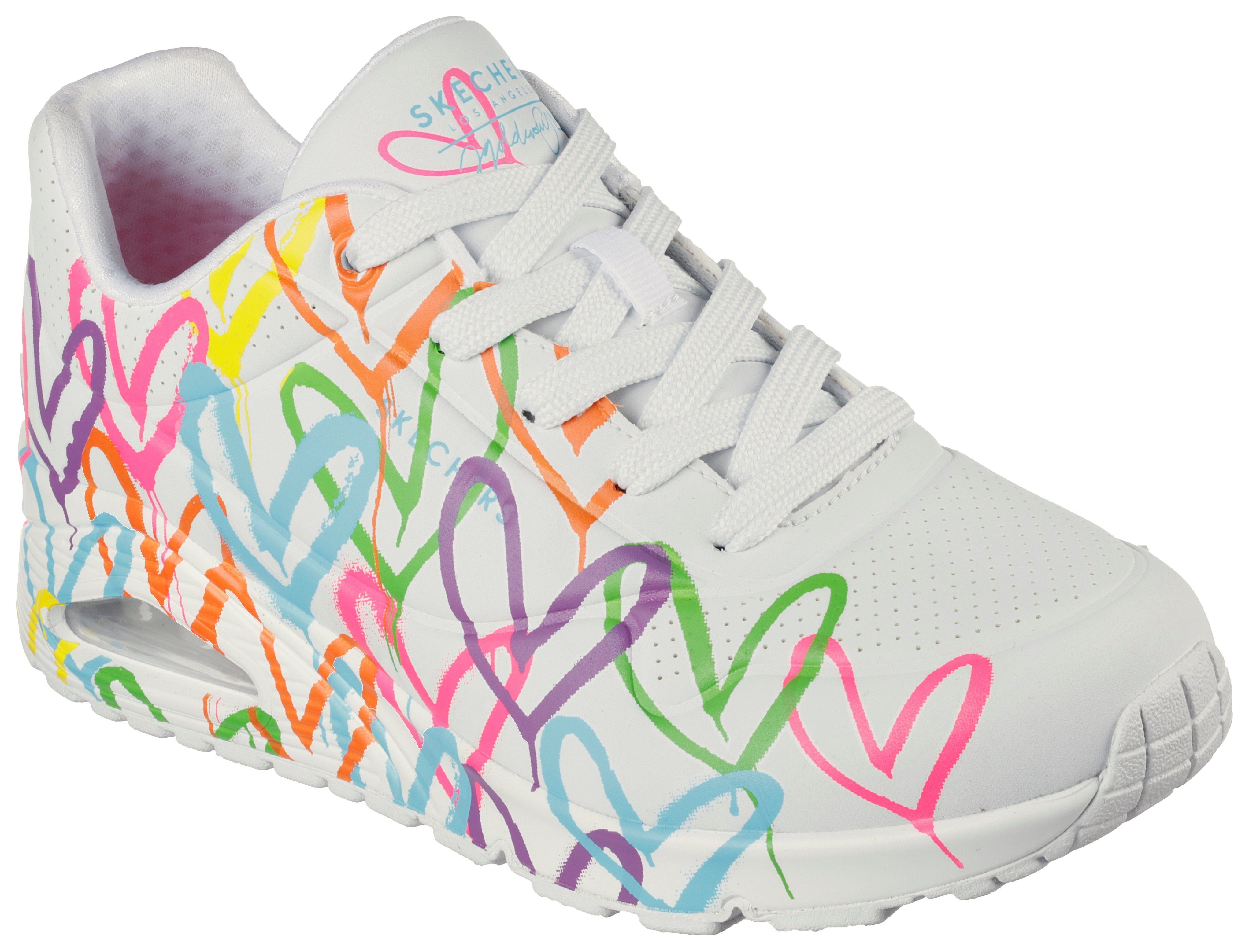 Skechers UNO - HIGHLIGHT mit weiß-multi Herzchen-Print LOVE farbenfrohen Sneaker