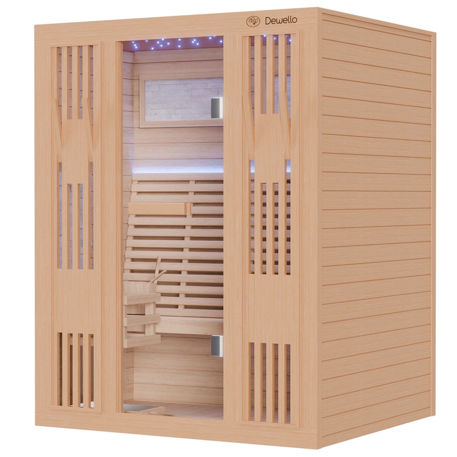 Dewello Sauna MINTO 150x130 Finnische Sauna, 3 Personen, Saunaofen, Harvia 4,5KW, BxTxH: 150 x 130 x 190 cm